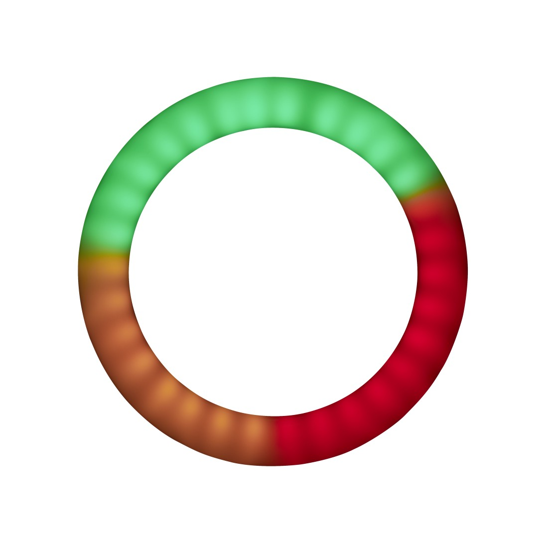 Ein farbenfroher Ring mit einem Farbverlauf aus Grün, Orange und Rot. Er ist auf weißem Hintergrund.