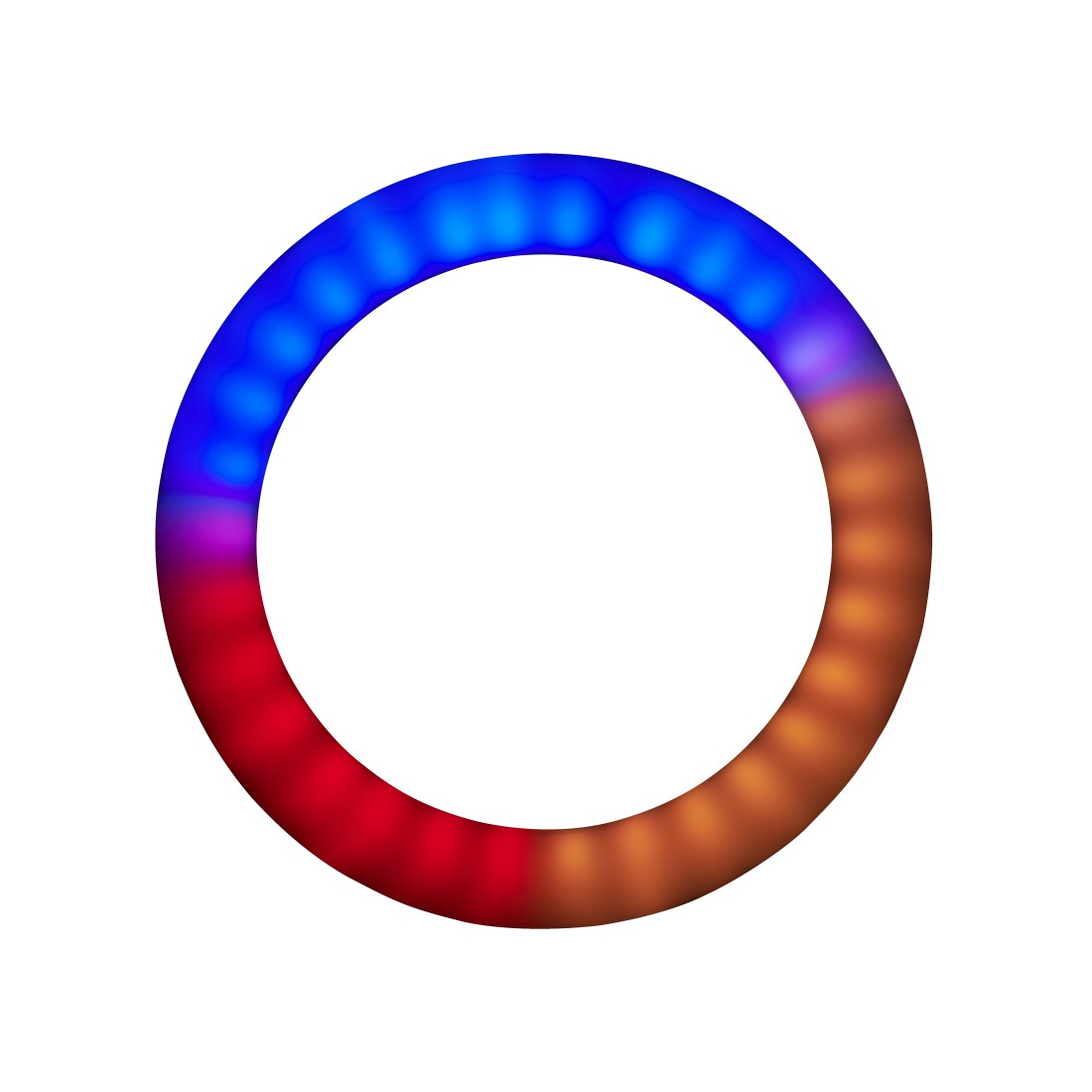 Ein Lichtring mit mehreren Farben: blau, lila, rot und orange auf weißem Hintergrund.