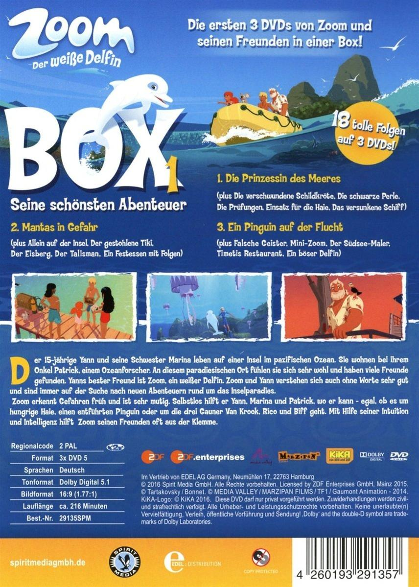 Rückseite einer Zoom-DVD-Box mit Bildern und Text. Enthält 3 DVDs. Blaue Wasserszene.
