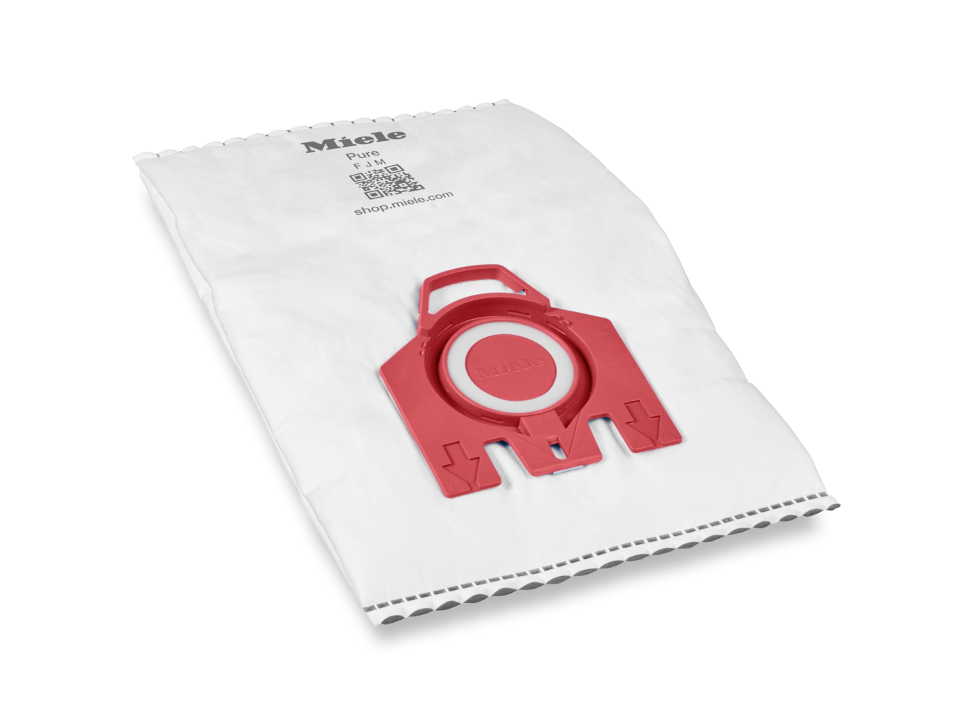 White Miele Pure filter bag with a red plastic part.