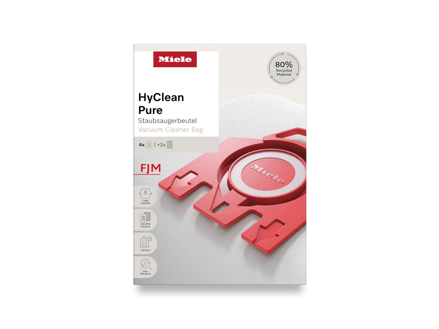 Miele HyClean Pure vacuum cleaner bag, red and white packaging, features the brand logo.