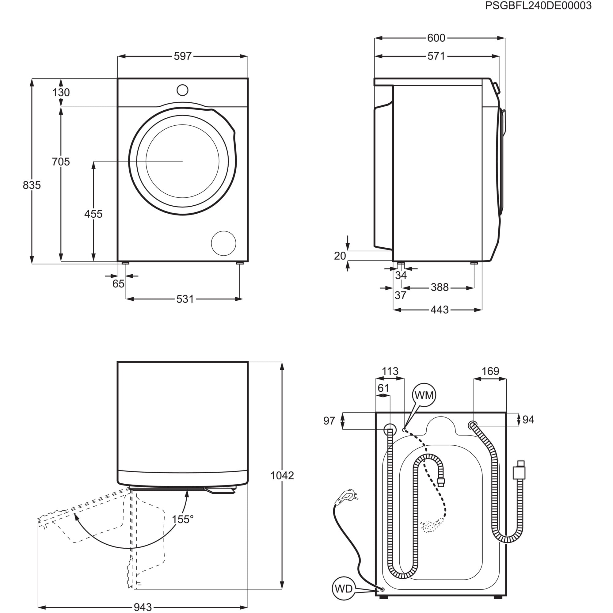 Diagram van een wasmachine met afmetingen en technische details.