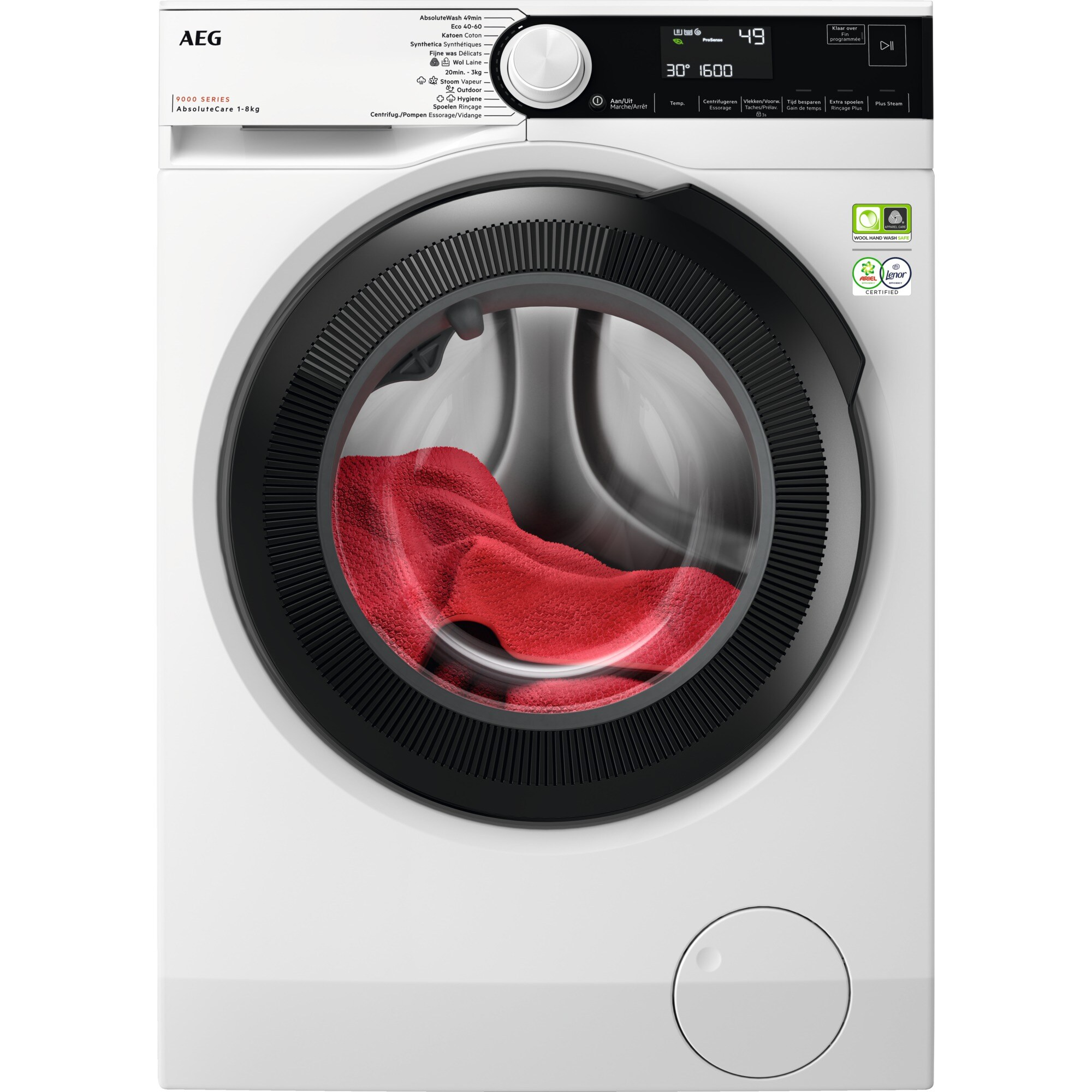 Witte wasmachine met een rode handdoek erin. De deur is transparant. Merknaam AEG.