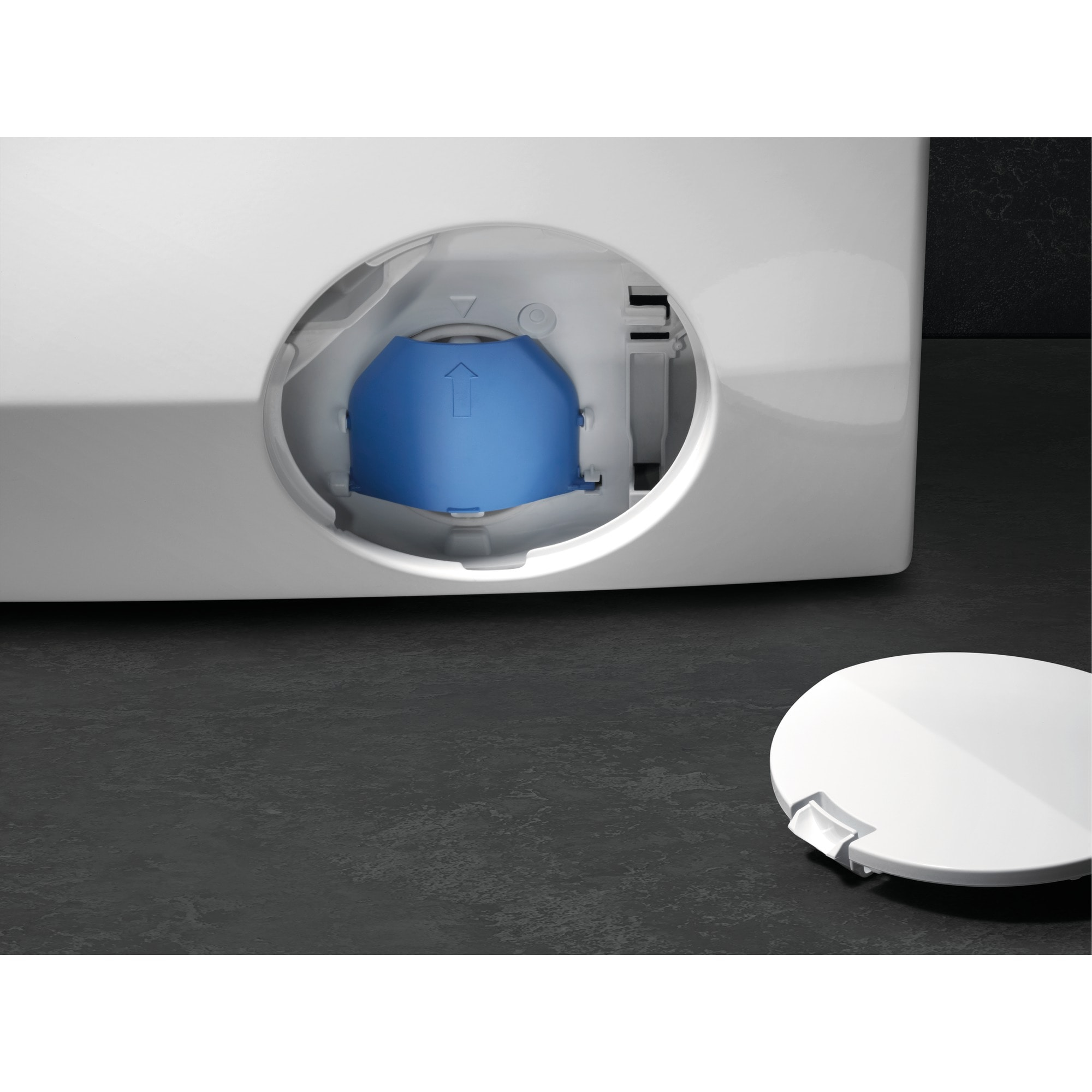 White washing machine component with a blue part visible inside the opening, and a white lid.