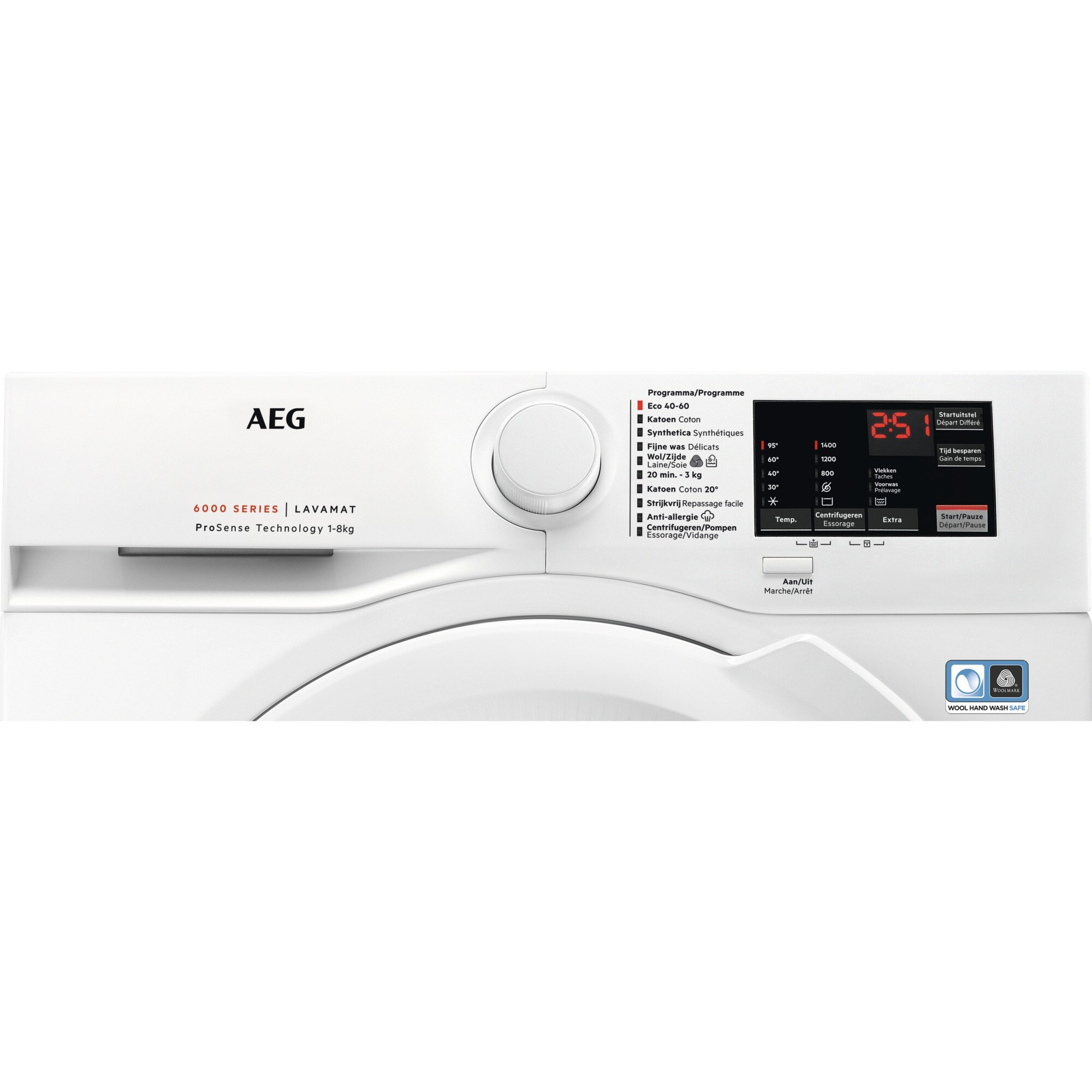 A white washing machine control panel with a dial, buttons, and an LED display.