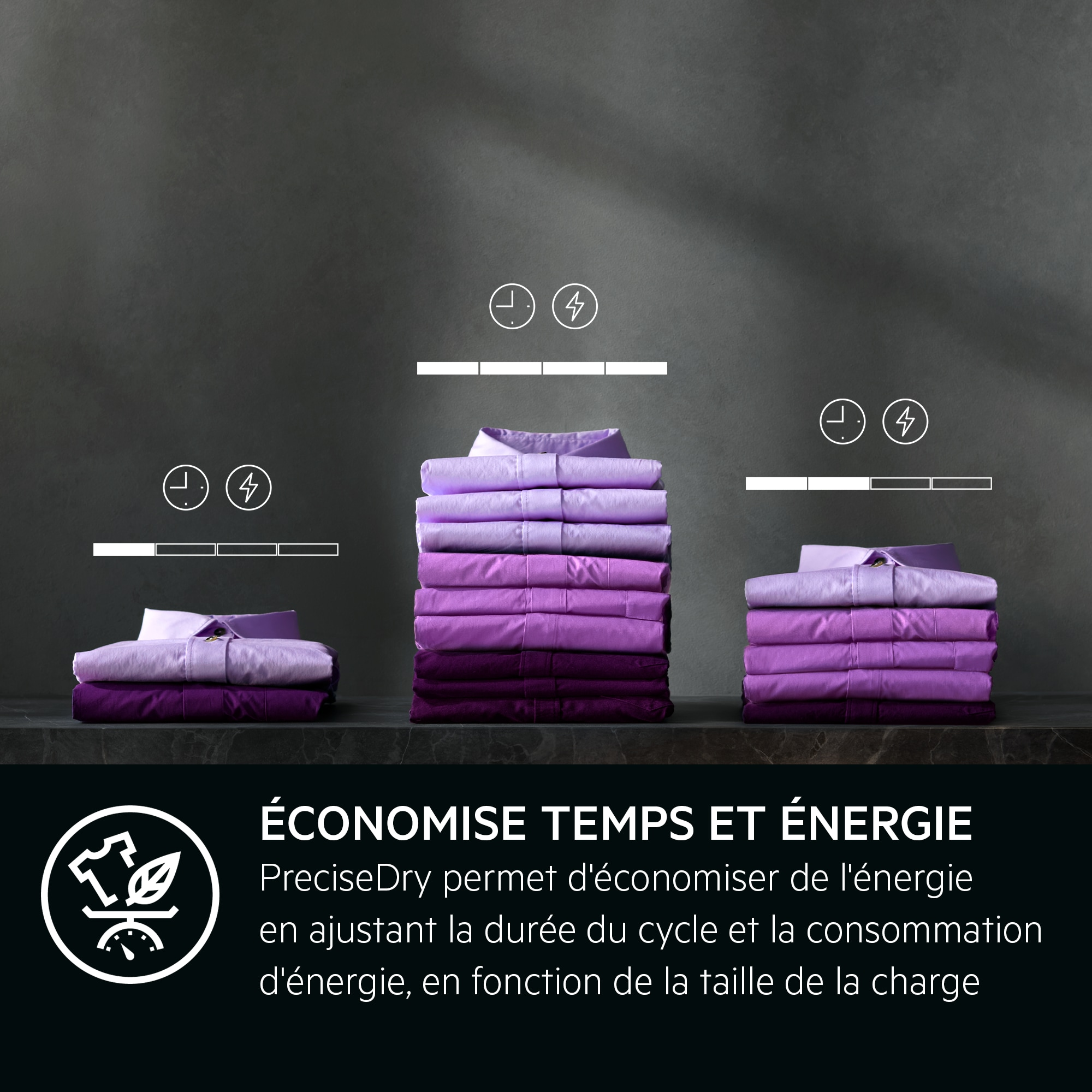 Chemises violettes empilées avec des icônes de temps et d'énergie sur du texte.