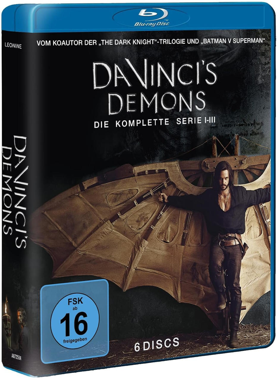 Blu-ray-Boxset für 'Da Vinci's Demons', zeigt das Cover mit einem Mann mit Flügeln und dem Titel.