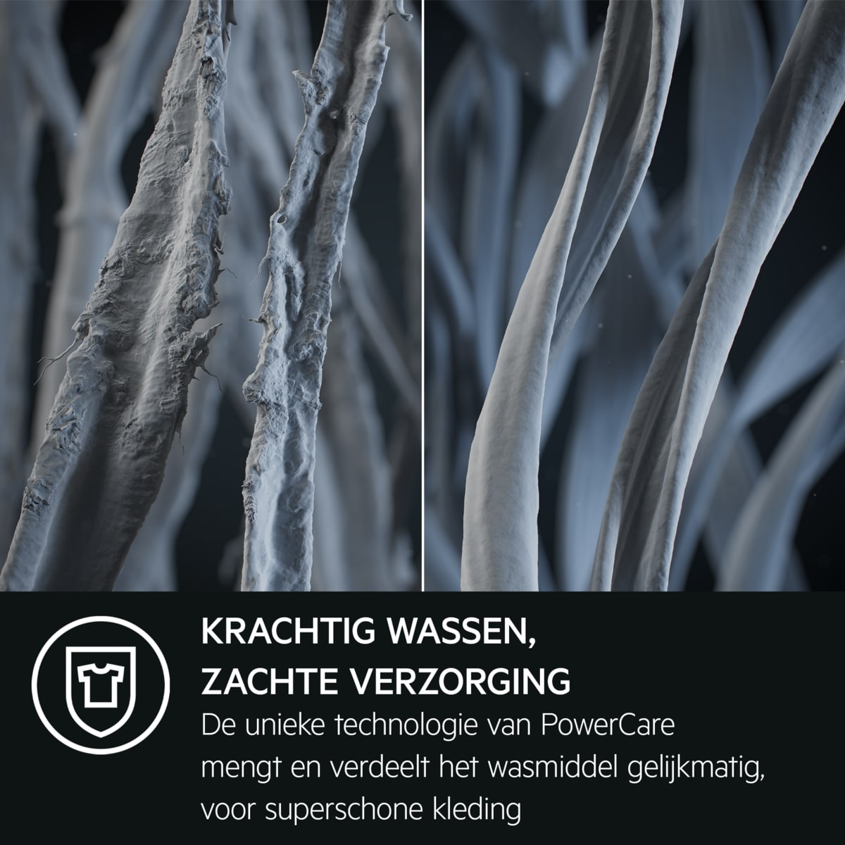 Close-up van stoffen vezels met tekst over wastechnologie.