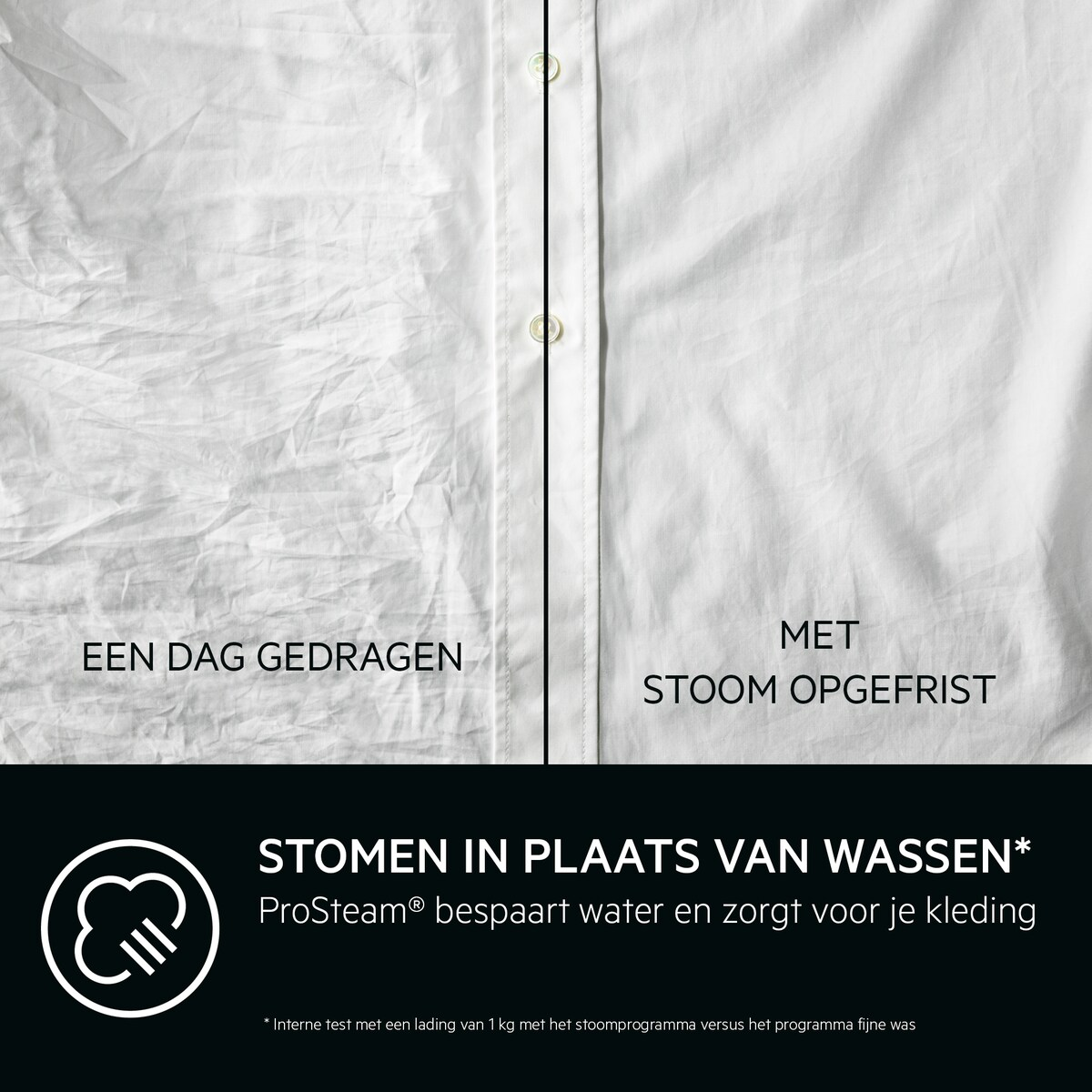 Gekreukte en gestoomde witte shirts, tekst over ProSteam.