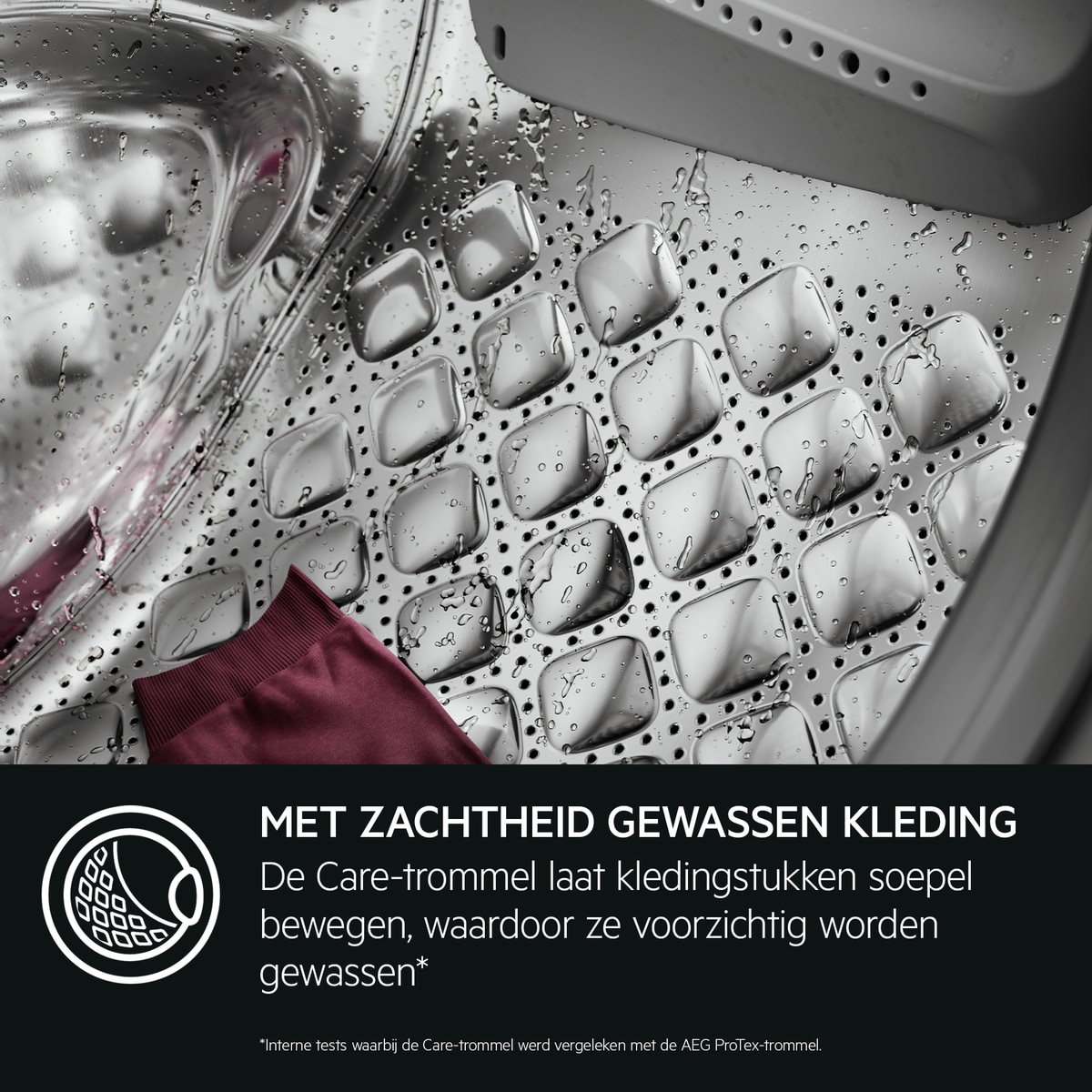 Wasmachinetrommel met kleding en tekst over energie-efficiëntie.
