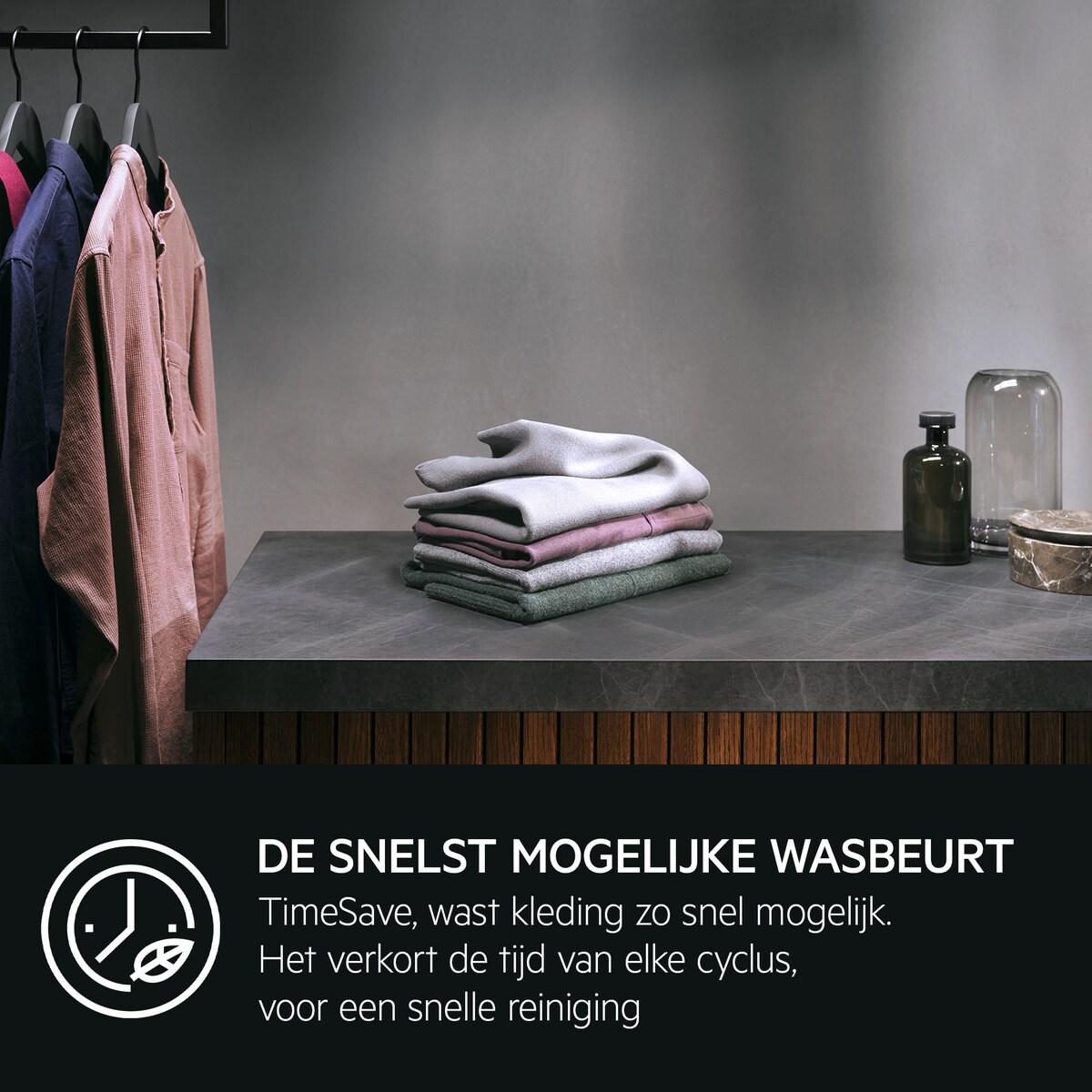 Clothes on a dark surface, text about quick wash cycles.