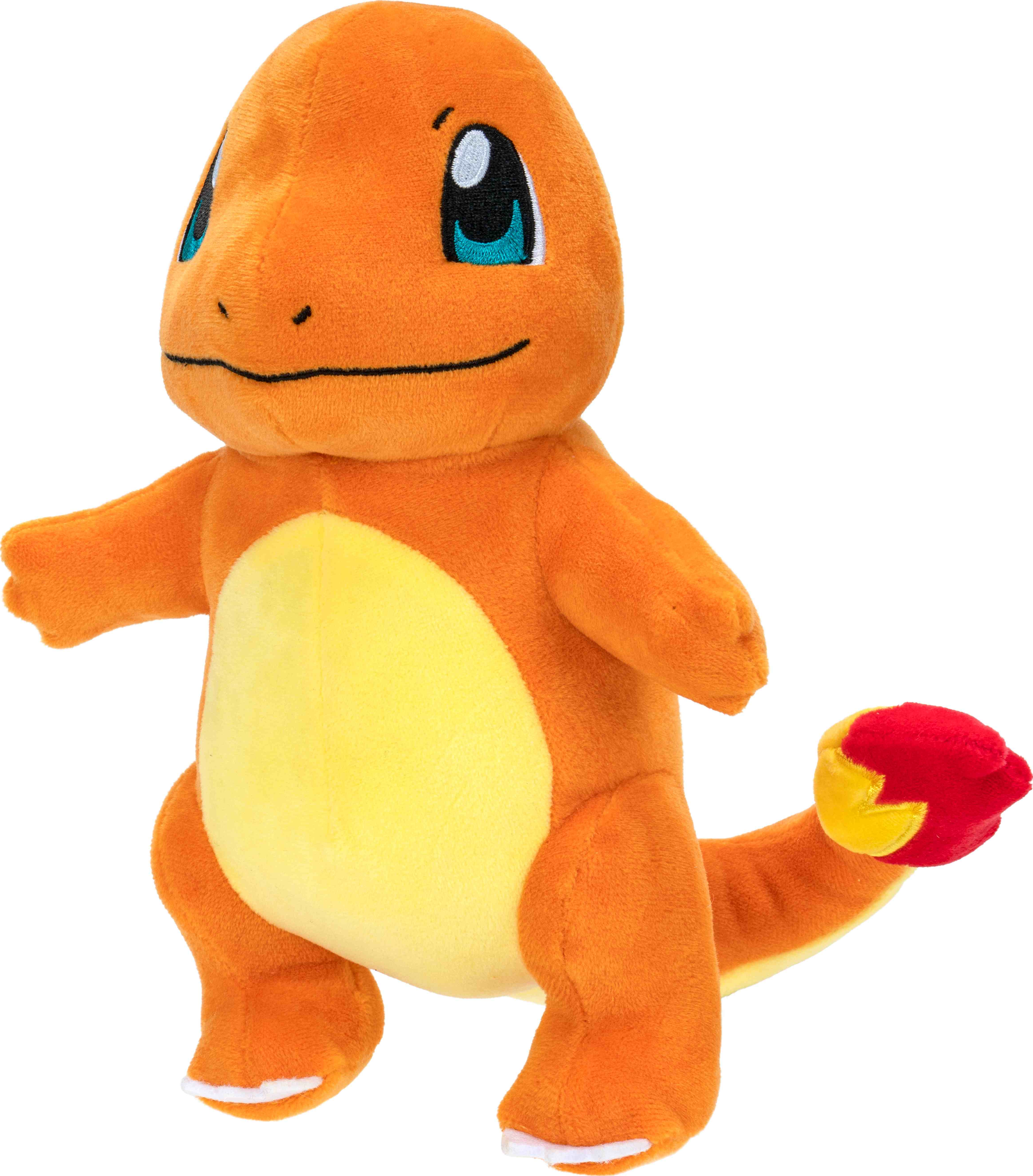 Charmander-Plüschtier, orange und gelb mit blauen Augen.