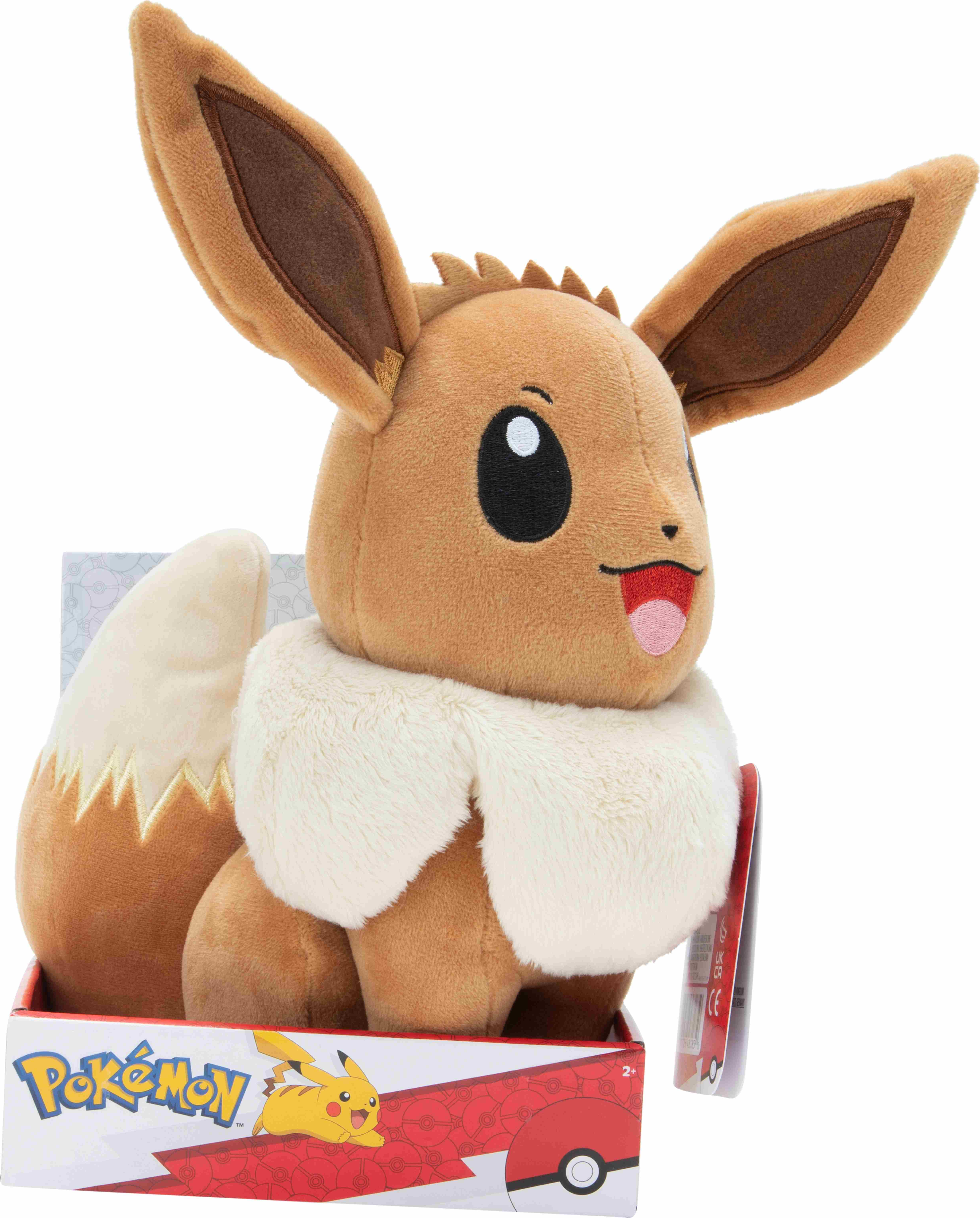 Ein Evoli-Plüschtier in einer Box. Braunes Fell, große Ohren und ein weißer, flauschiger Kragen.