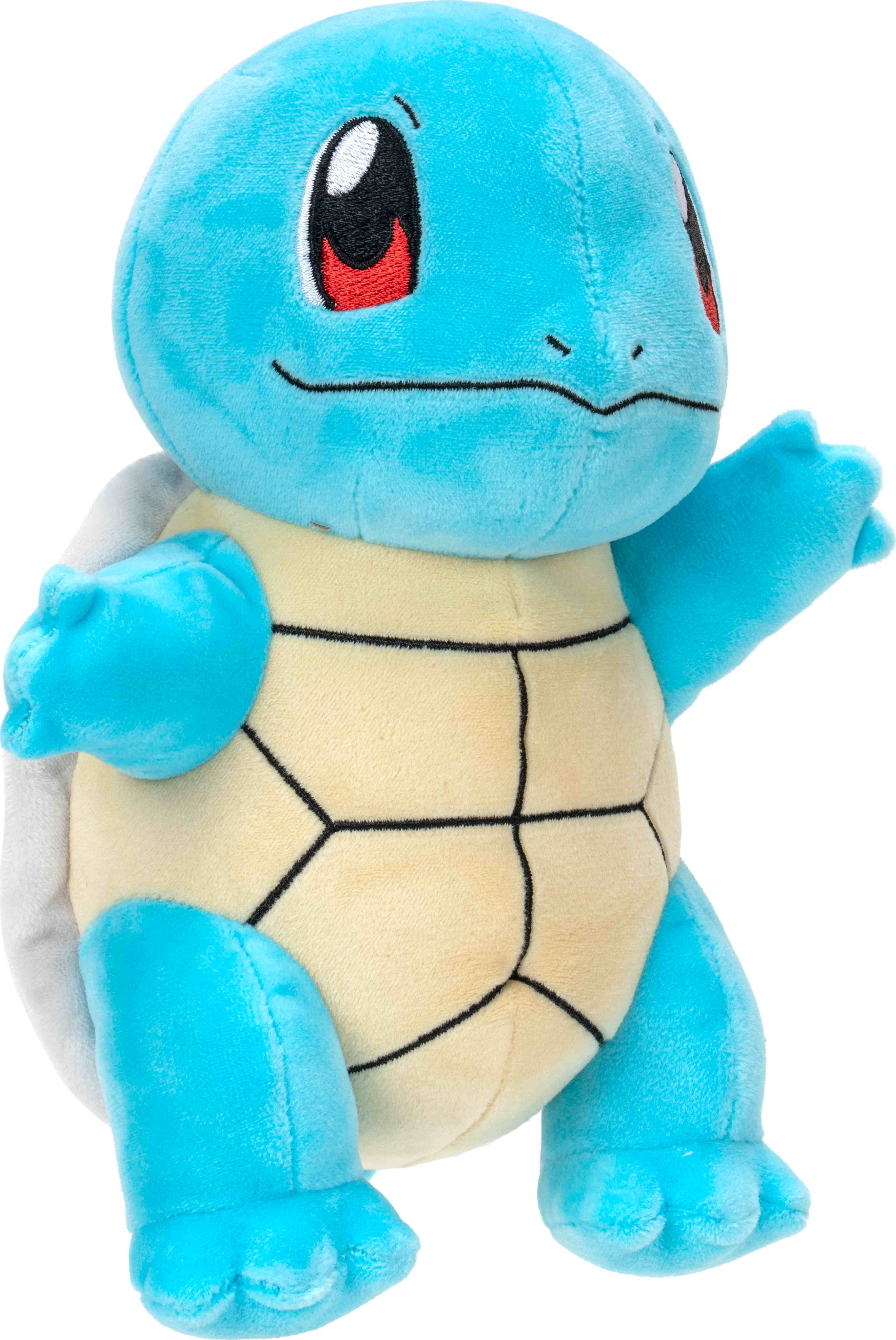 Squirtle Plüschtier. Blauer Schildkröte mit beigem Bauch, weißem Panzer, roten Wangen.