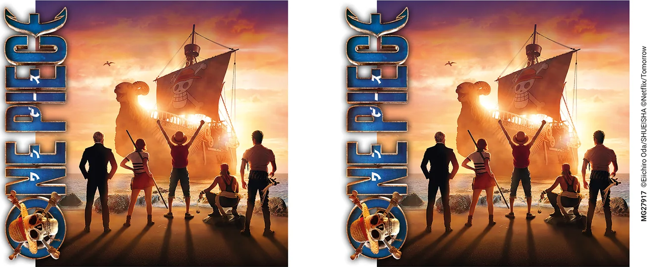 Deux affiches presque identiques pour One Piece. Les affiches montrent un groupe de personnages sur une plage.