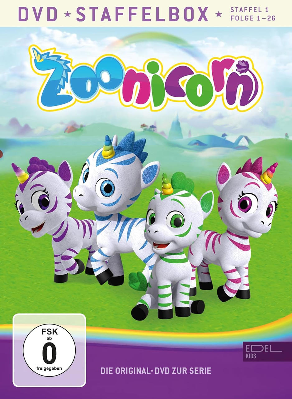 Eine DVD-Hülle für 'Zoonicorn', mit Cartoon-Zebras und Einhörnern.