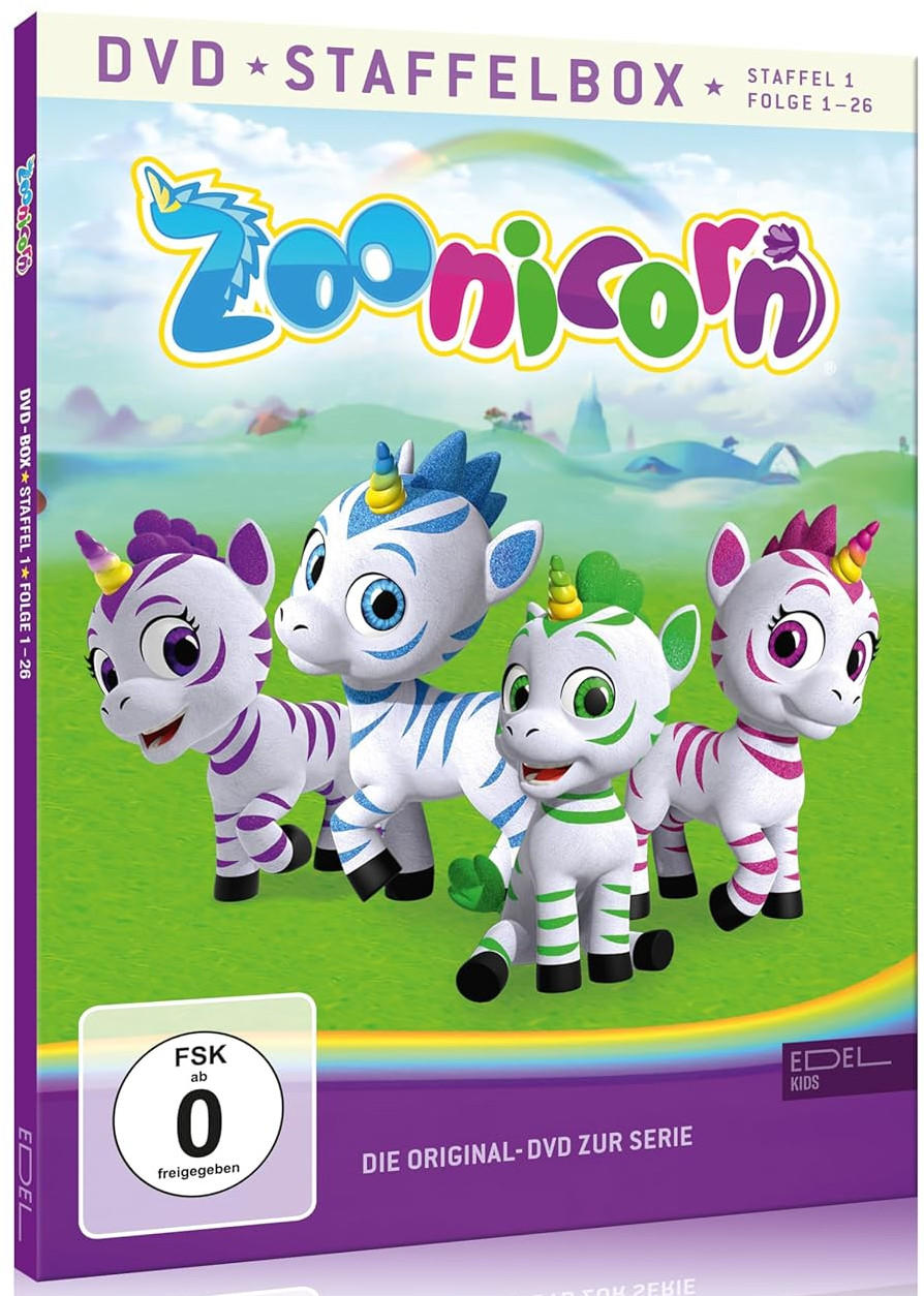 DVD-Box von Zoonicorn. Vier zebraartige Einhörner auf dem Box-Art. Text auf Deutsch.