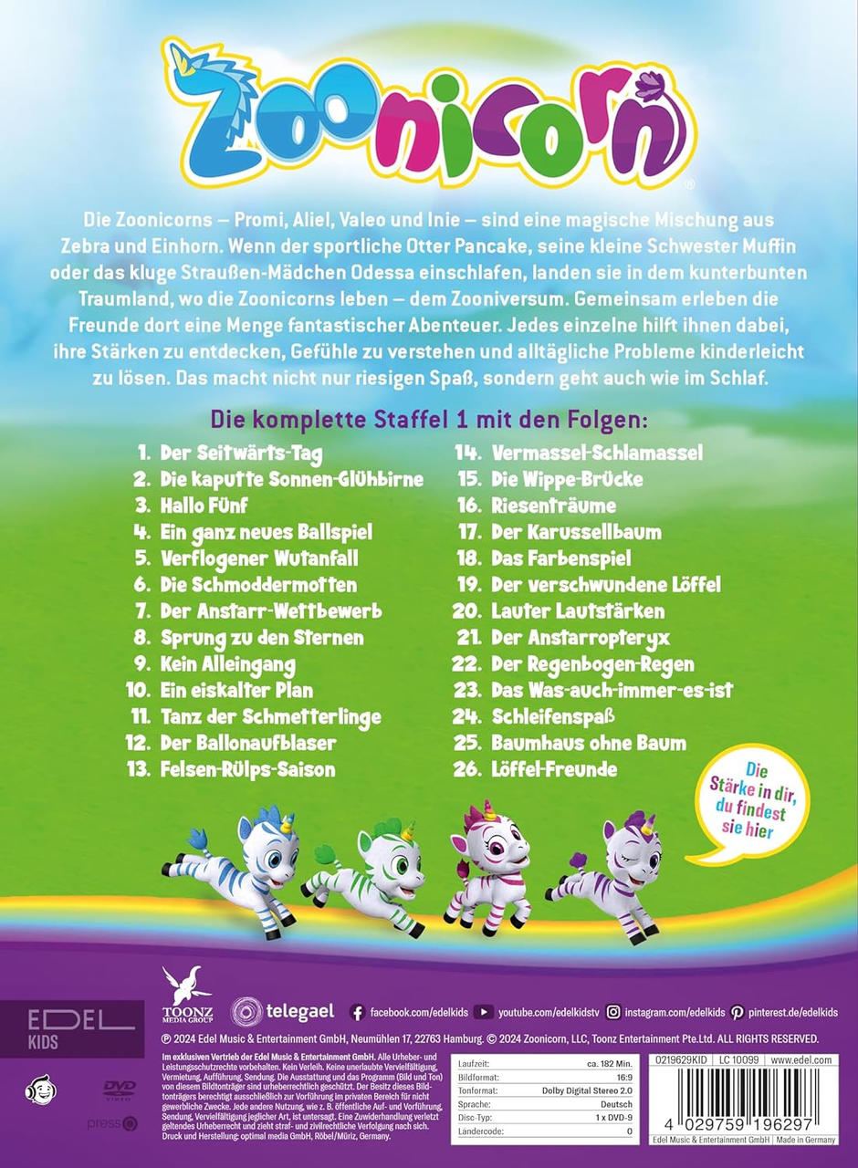 Rückseite der DVD-Hülle mit Cartoon-Zebras und Text über die Show.