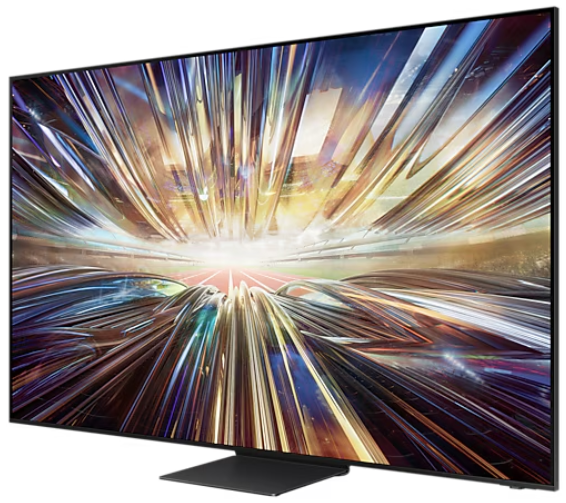 Duży ekran telewizora z abstrakcyjnymi kolorowymi liniami i czarną podstawą. Ekran jest lekko pochylony.