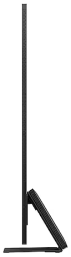 Czarny monitor, widok z boku. Cienka ramka, czarna podstawa, elegancki design. Białe tło.