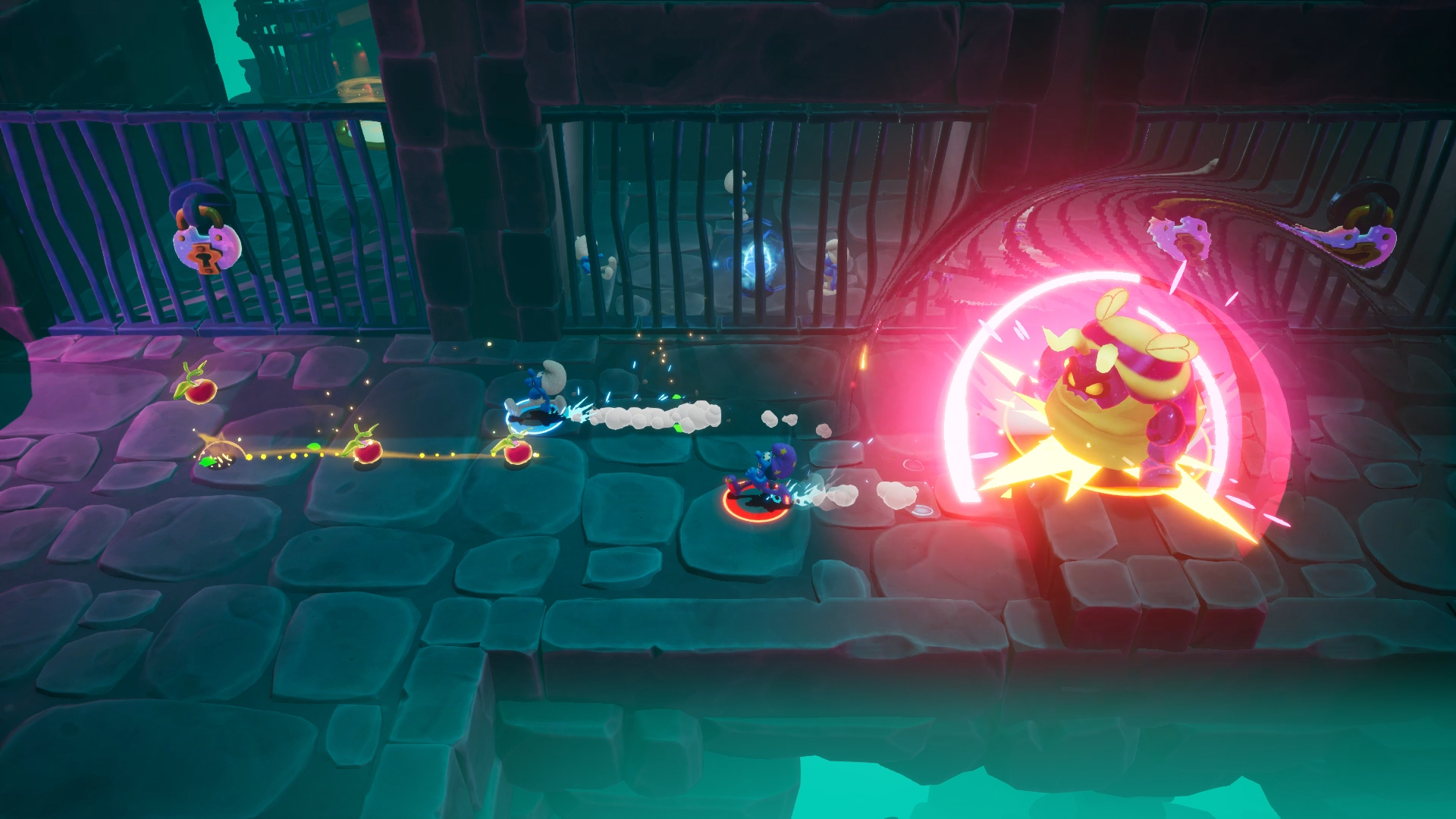 Eine Videospielszenen mit Zeichentrickfiguren, die kämpfen. Bunt, mit Neon-Effekten.