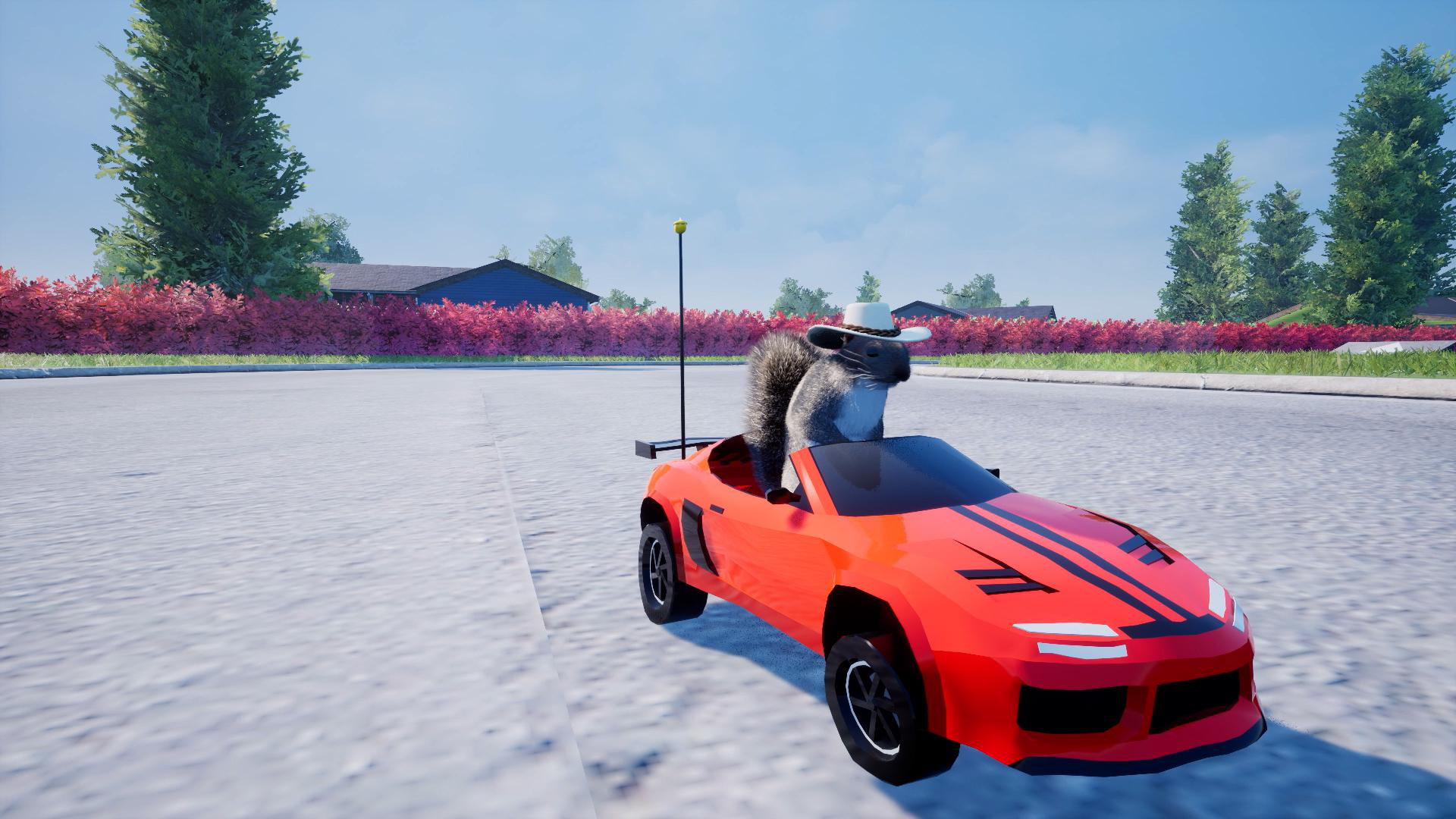 Ein Comic-Eichhörnchen in einem roten Spielzeugauto auf einem Parkplatz mit Büschen und Bäumen.