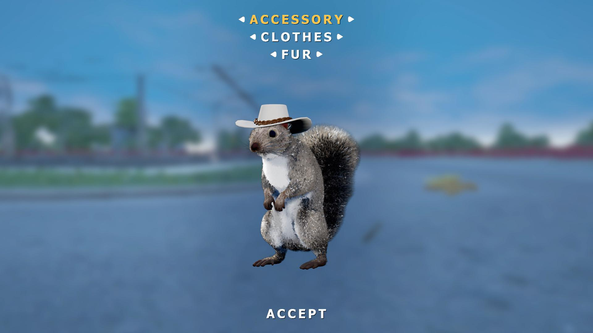 Ein Eichhörnchen mit Cowboyhut in der Mitte, Zubehöroptionen darüber und eine Akzeptieren-Schaltfläche unten.