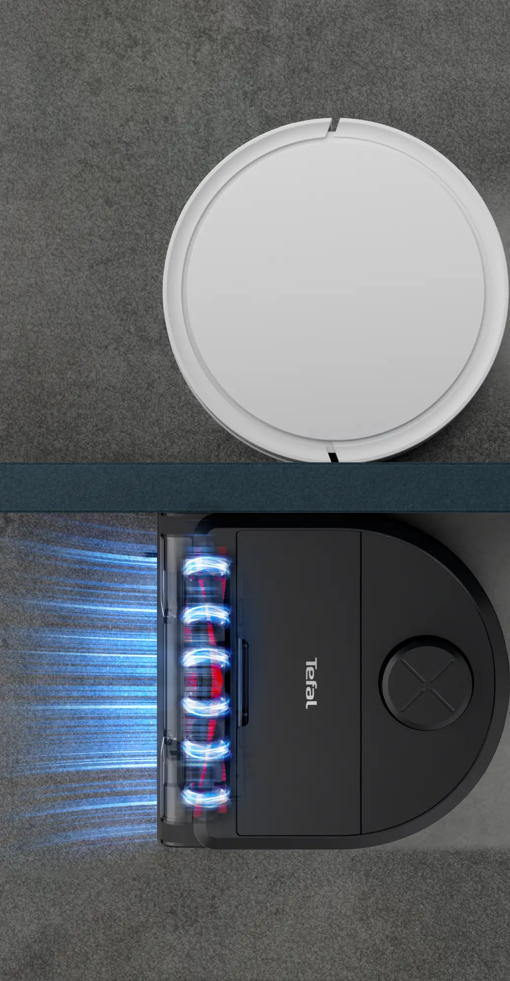 Odkurzacz automatyczny i stacja dokująca. Odkurzacz jest biały i okrągły, stacja czarna.