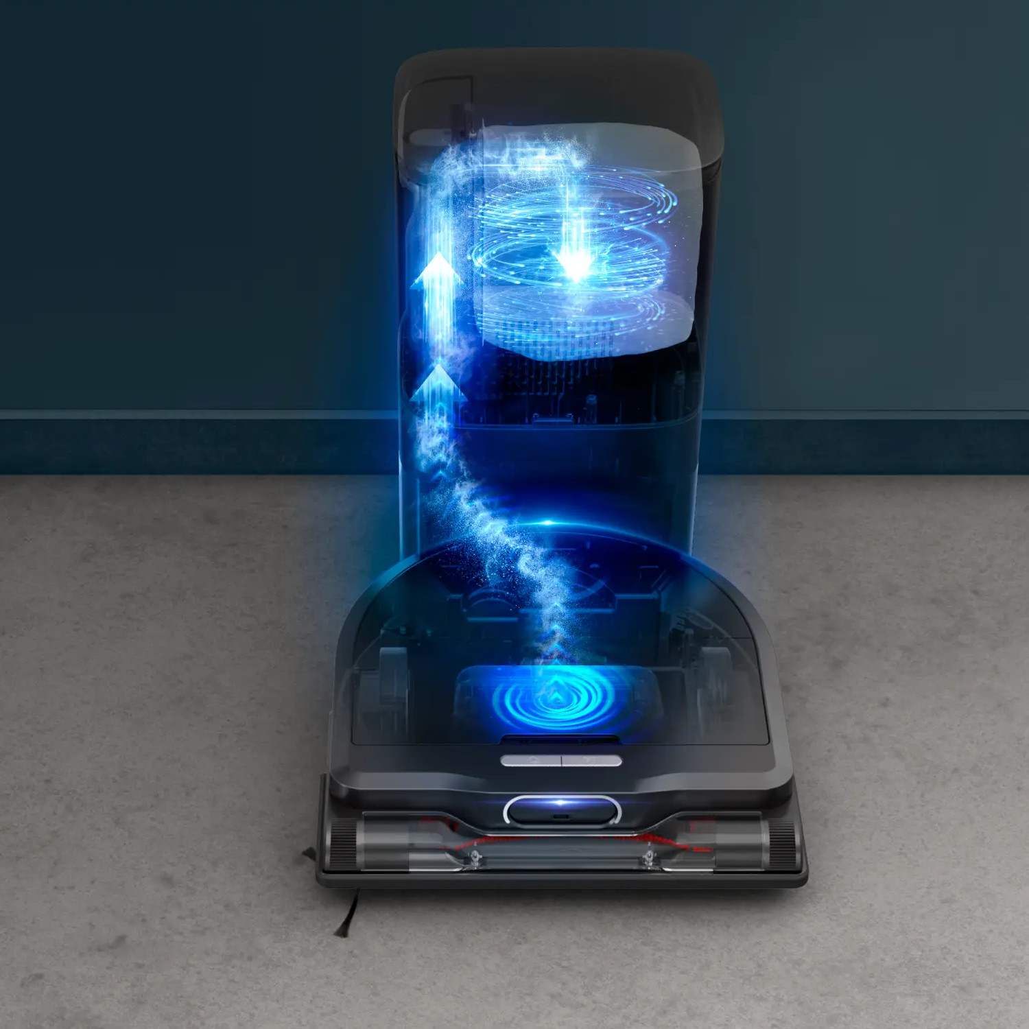 Odkurzacz robot ładujący się w stacji dokującej, z niebieskimi akcentami, na szarej podłodze.