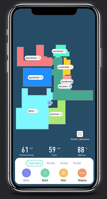 Smartfon pokazujący mapę pomieszczenia z oznaczonymi obszarami i statystykami.