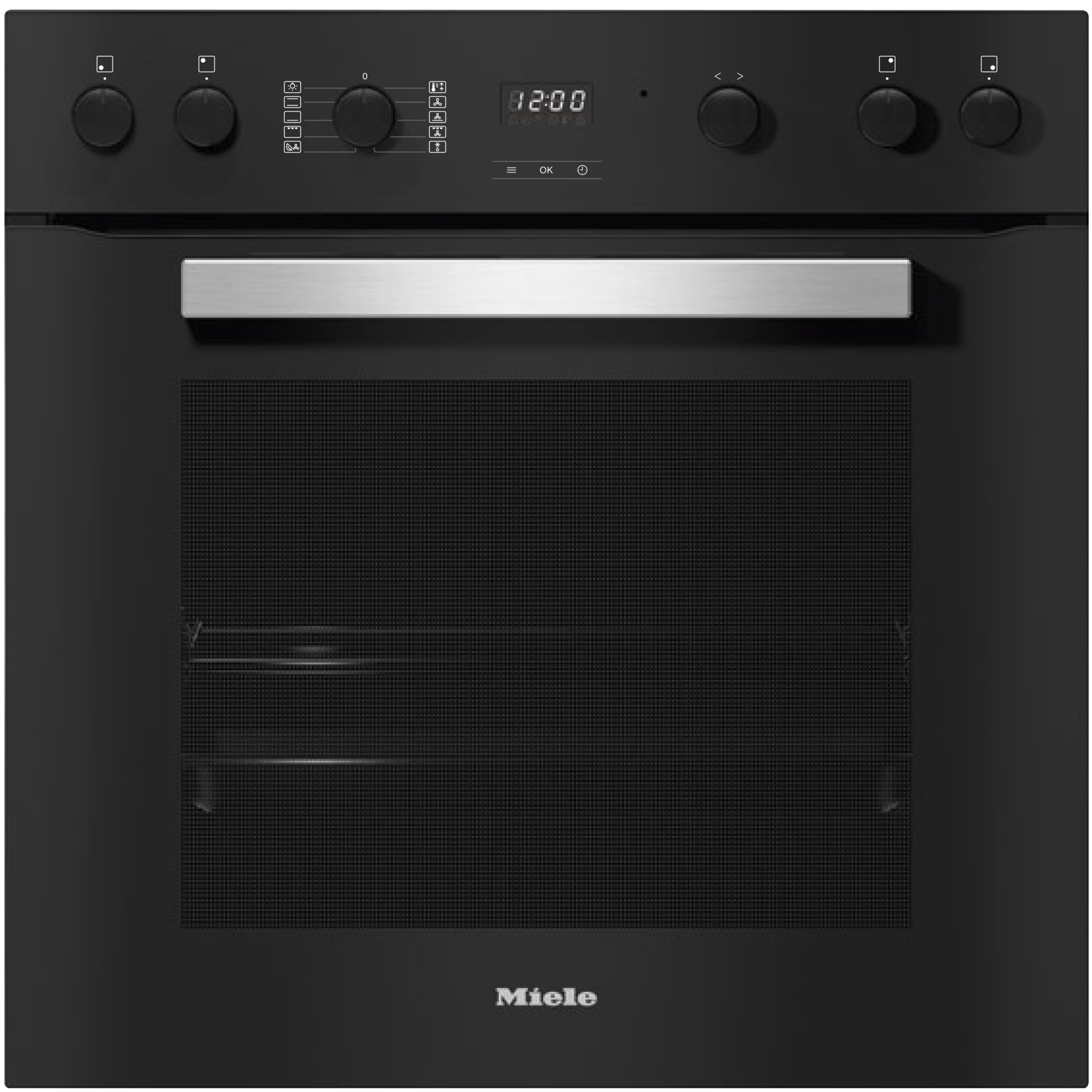 Schwarzer Miele-Backofen mit Bedienelementen und Display.