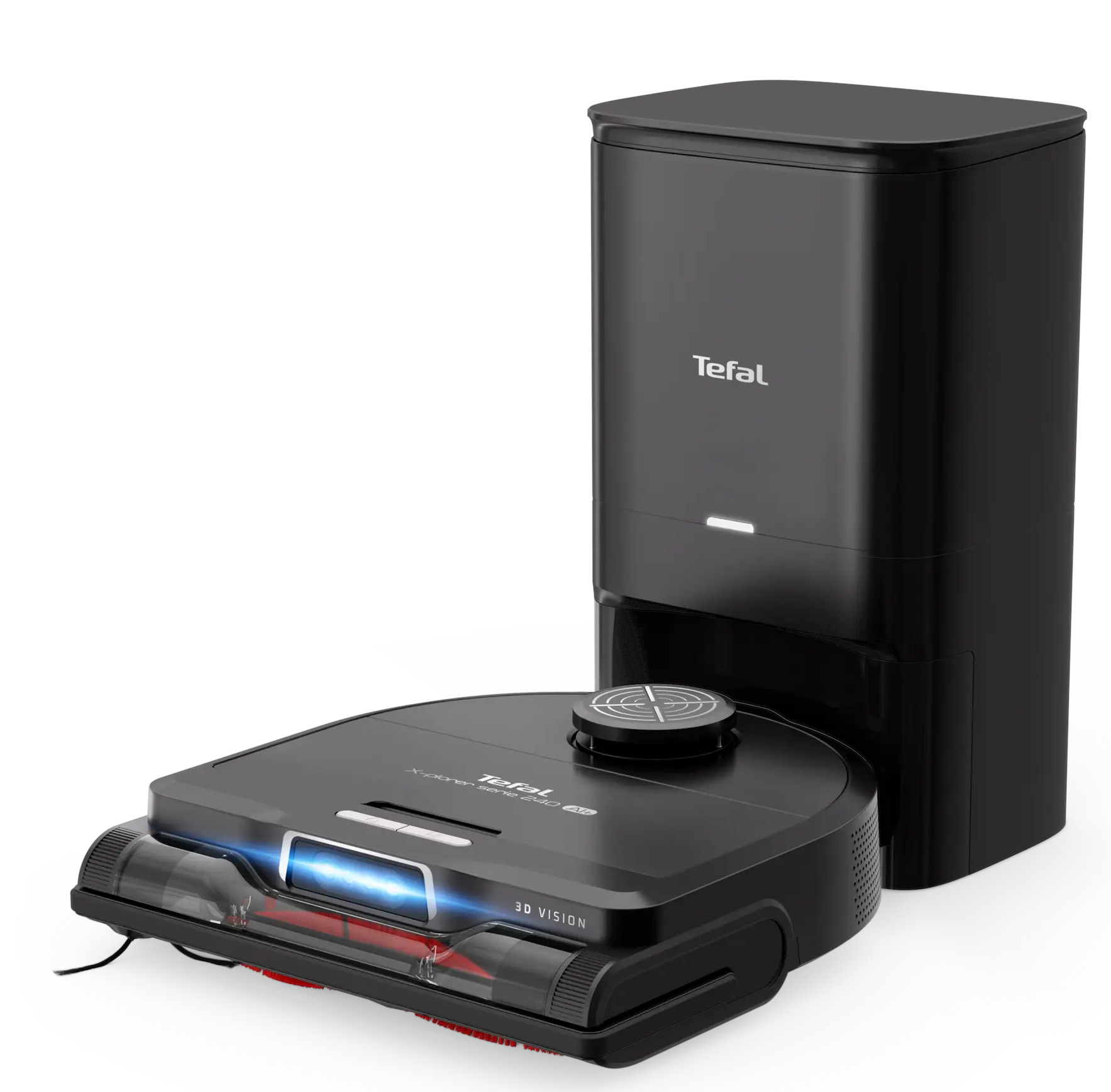 Czarny robot odkurzający ze stacją ładującą. Widoczna nazwa marki Tefal.