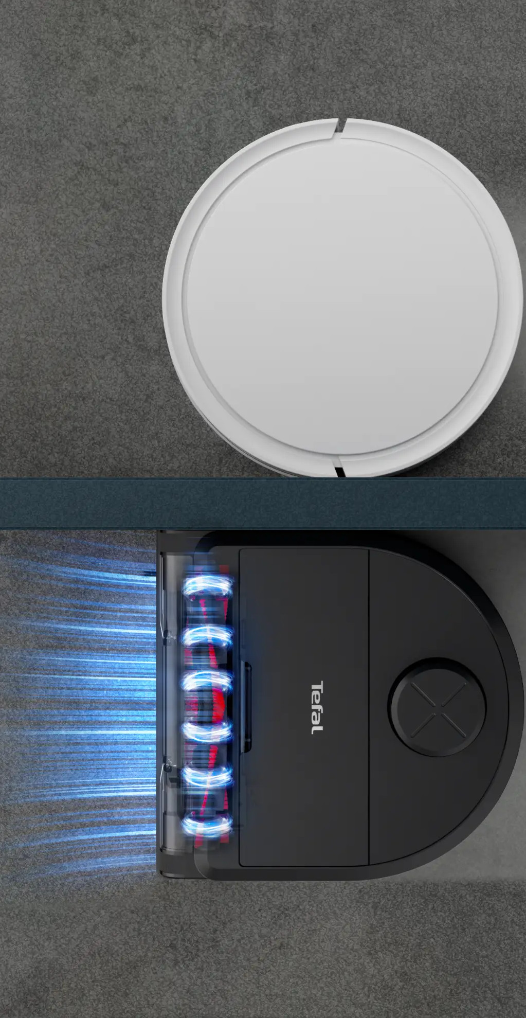 Odkurzacz robot, widok z góry i z dołu. Czarno-biały design.