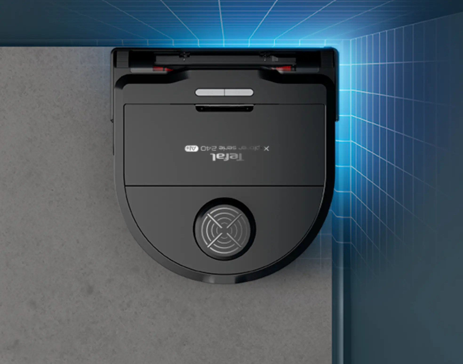 Czarny odkurzacz robot sprzątający róg niebieskiej, kafelkowej podłogi.