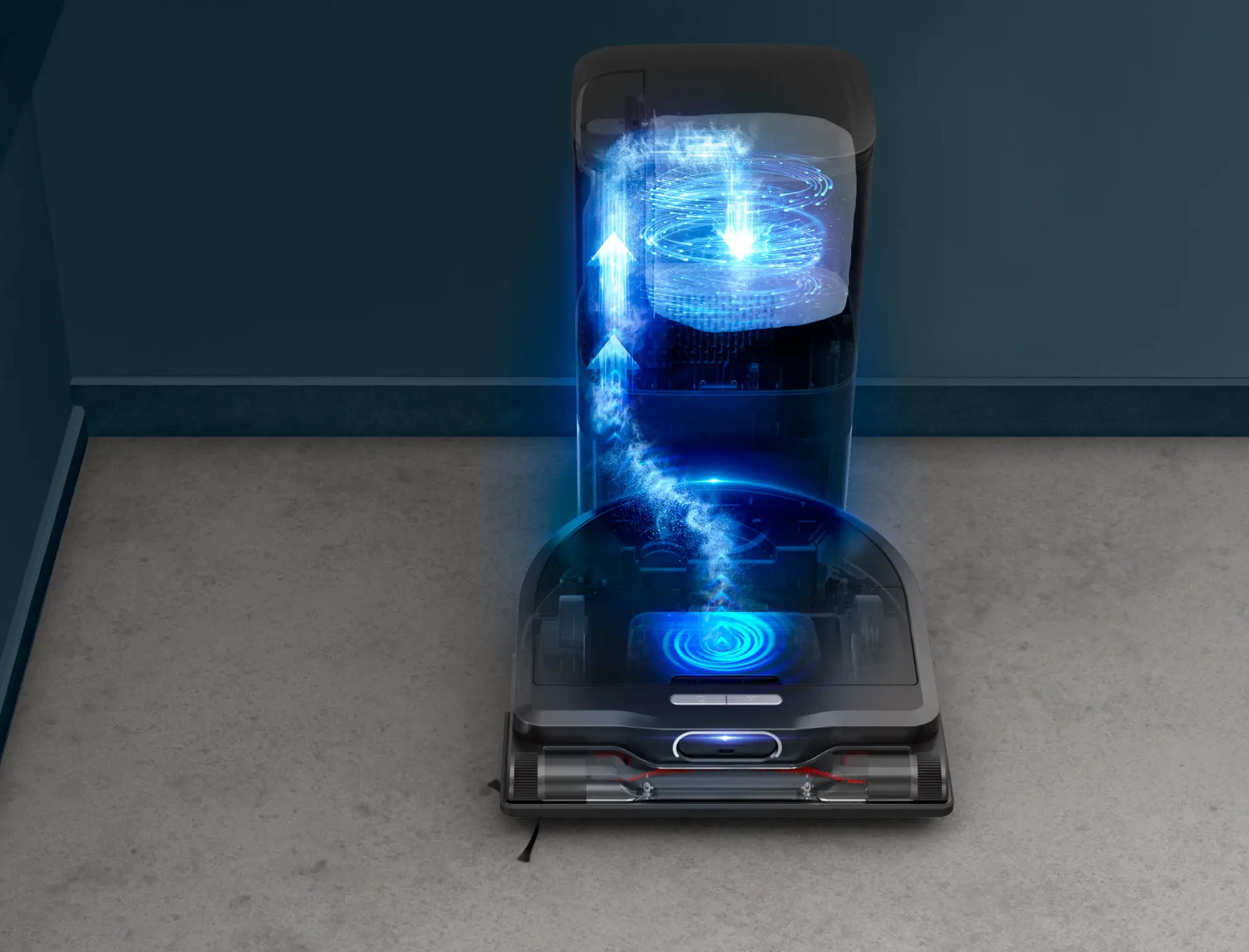 Odkurzacz z przezroczystym pojemnikiem na kurz. Niebieskie linie wskazują przepływ powietrza.