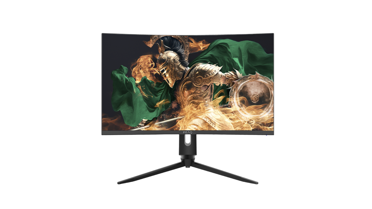 Ein gekrümmter Monitor, der ein Kriegerbild anzeigt, mit einem schwarzen Ständer.