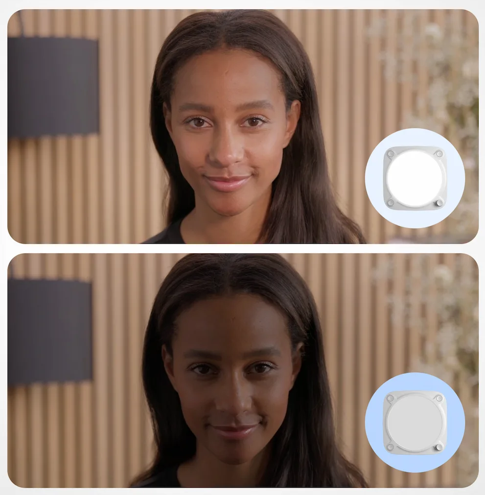 Gesicht einer Frau mit und ohne Licht. Ein Kreis mit dem Bild einer Lampe oben rechts.