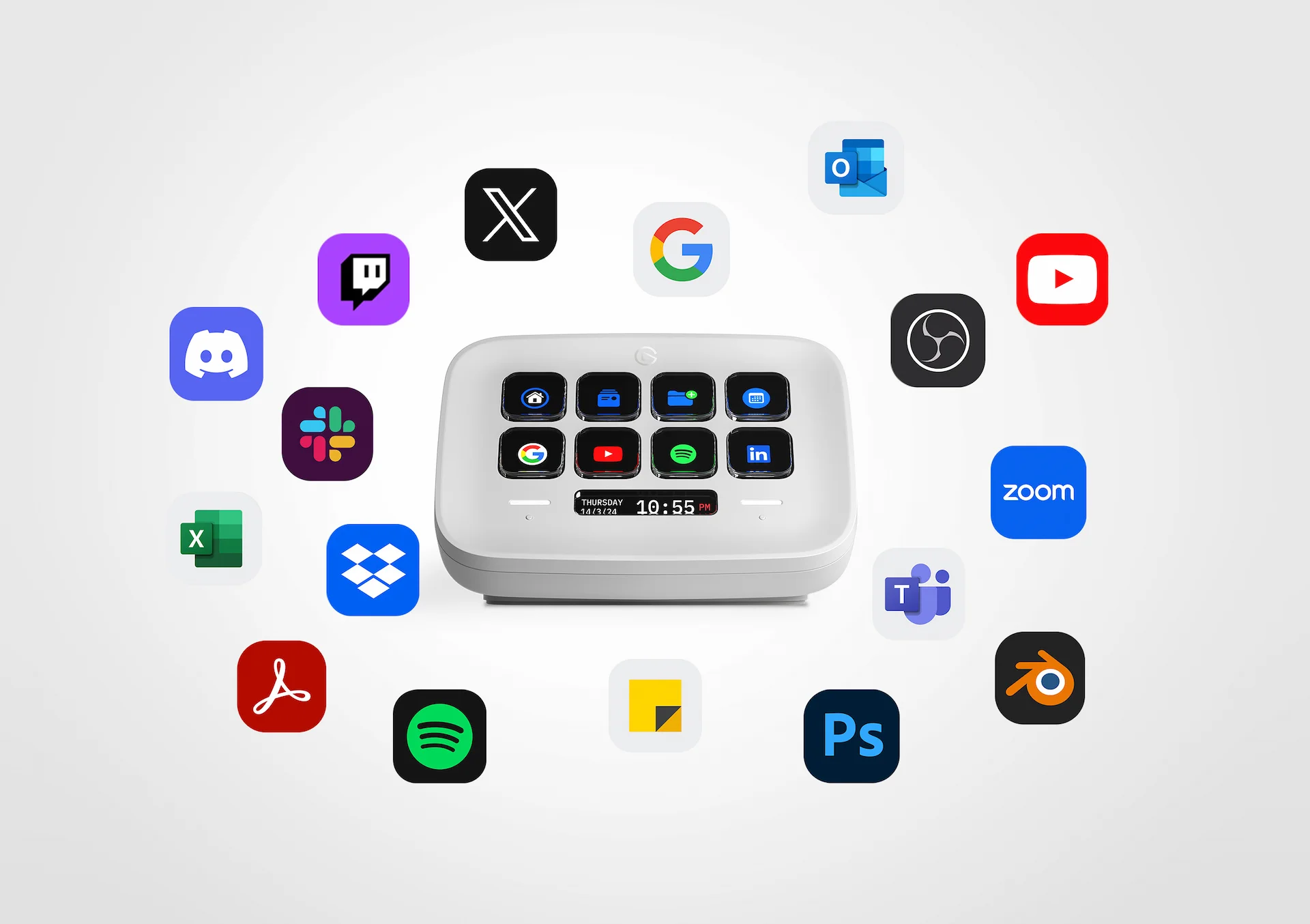Weißes Gerät mit App-Symbolen. Verschiedene App-Symbole umgeben das Gerät. Weißer Hintergrund.
