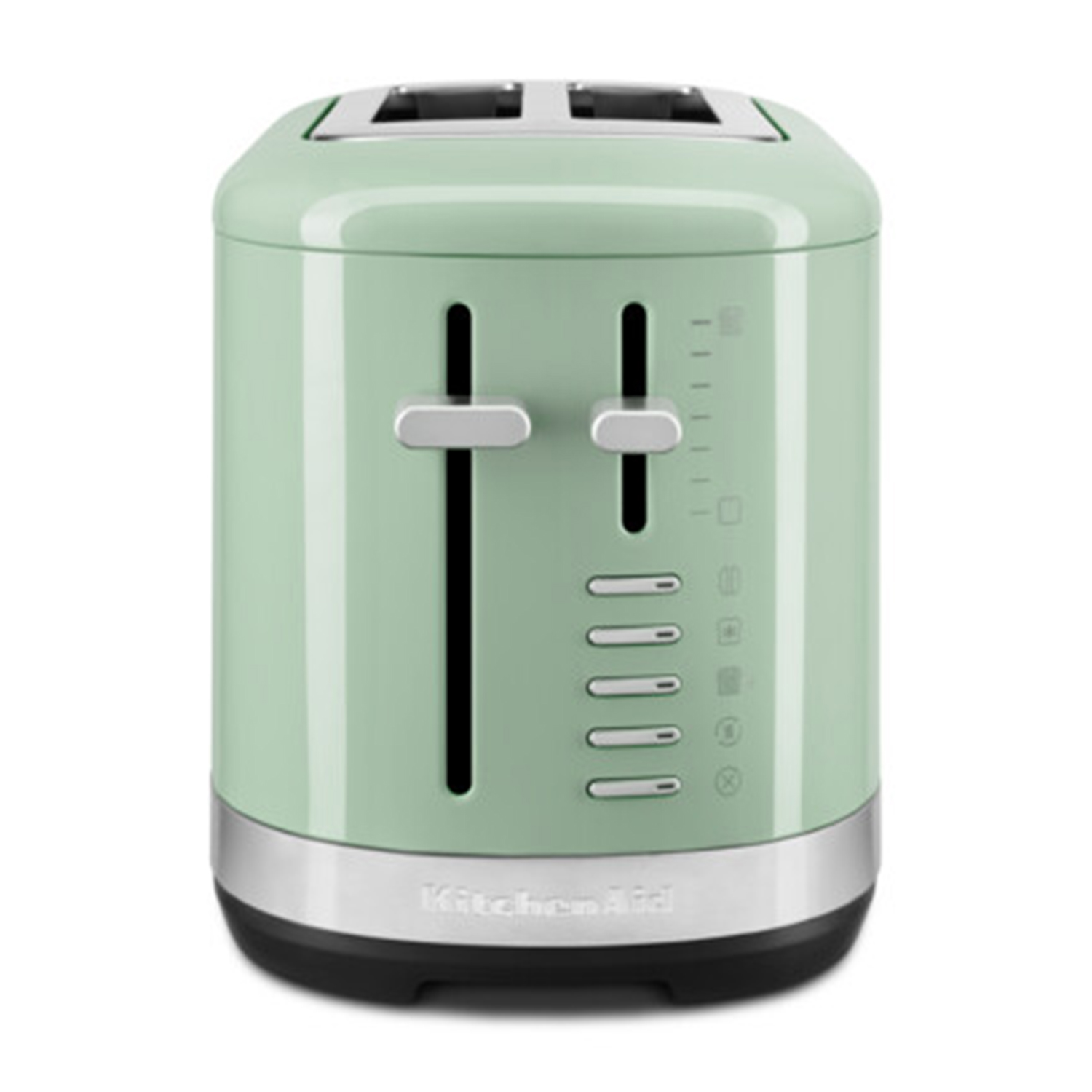 Tostapane KitchenAid verde con due fessure, base argentata e un quadrante con pulsanti per diverse impostazioni di tostatura.