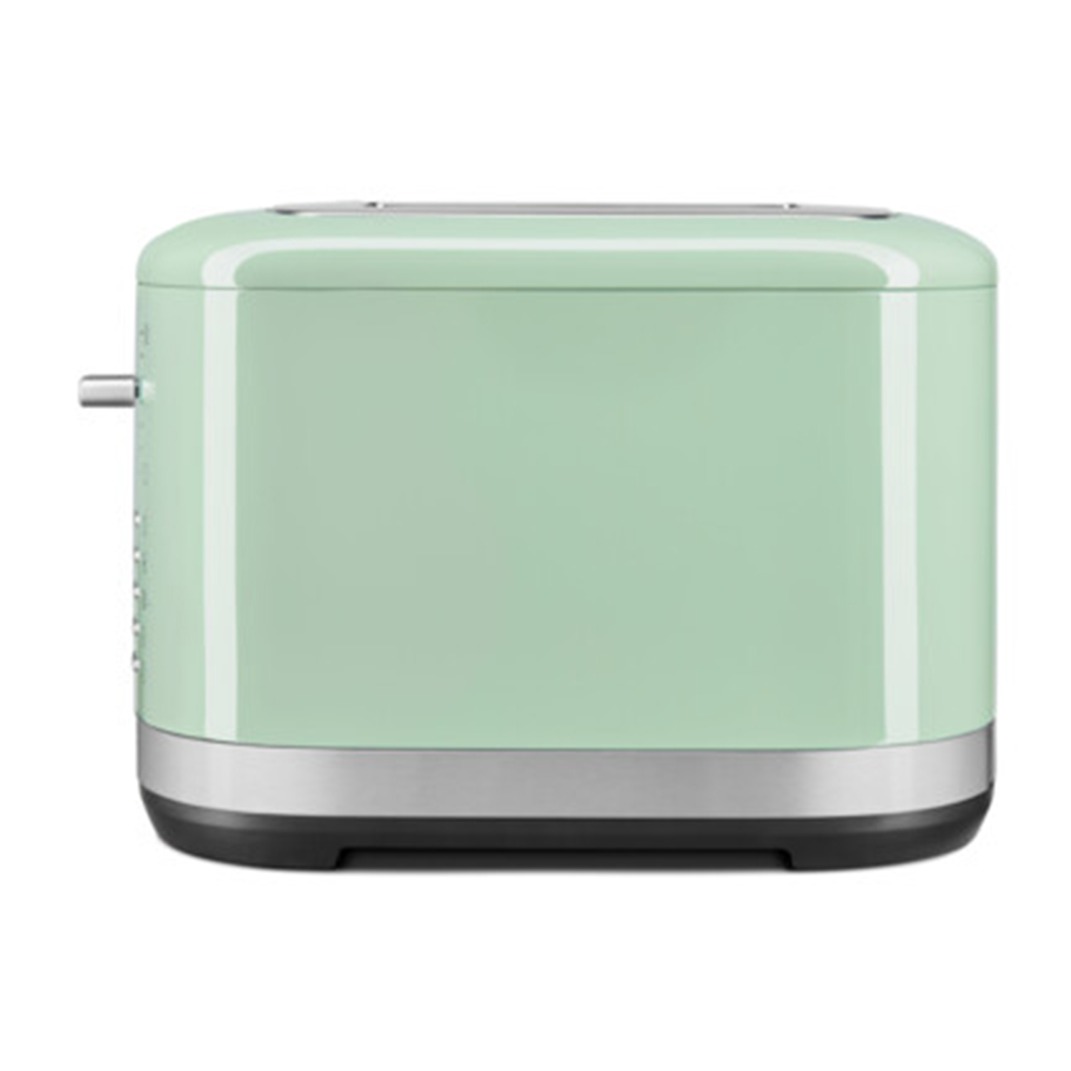 Tostapane verde menta con dettagli cromati. Ha due fessure e un quadrante. Sfondo bianco.
