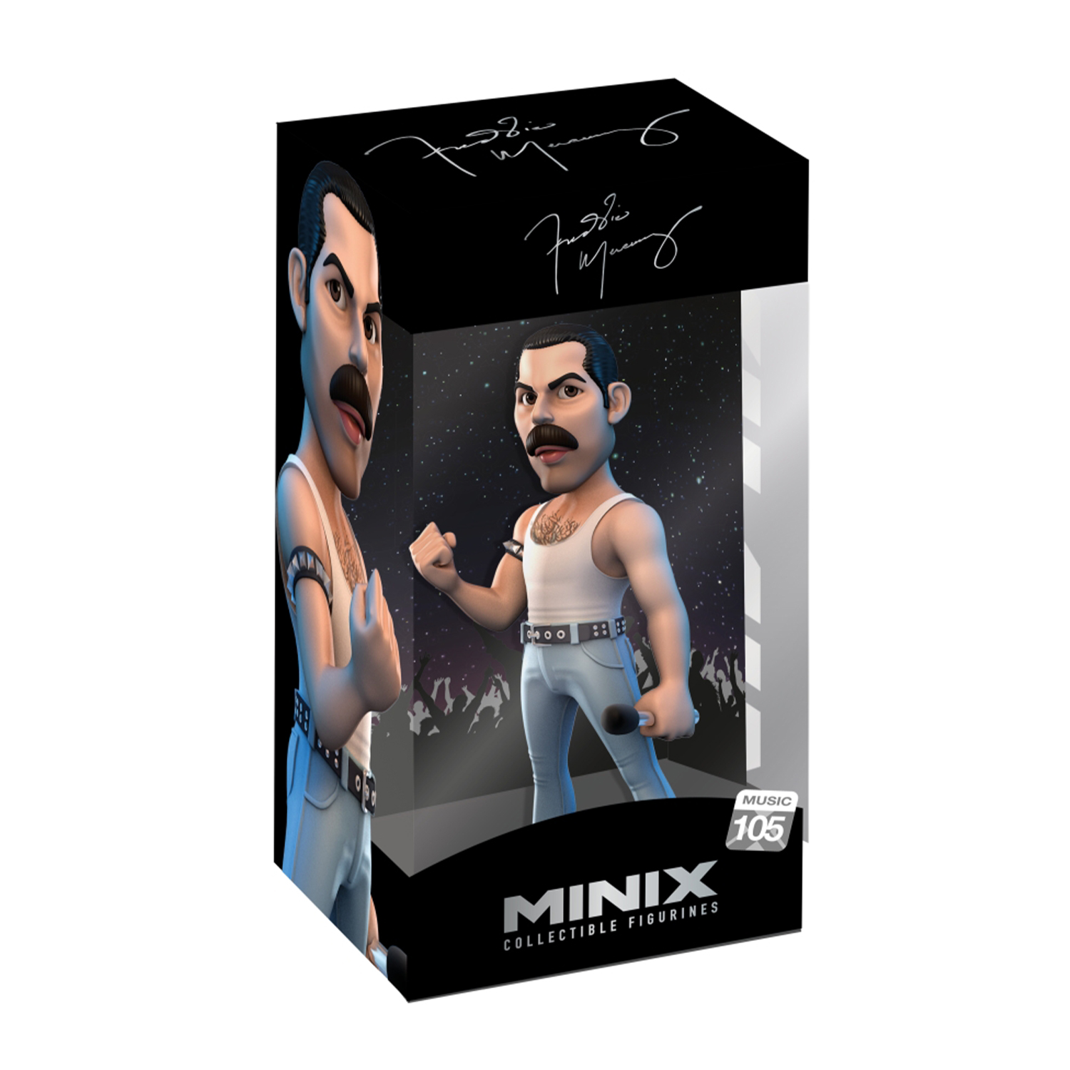 Figurina di Freddie Mercury in una scatola con la sua firma e uno sfondo stellato.