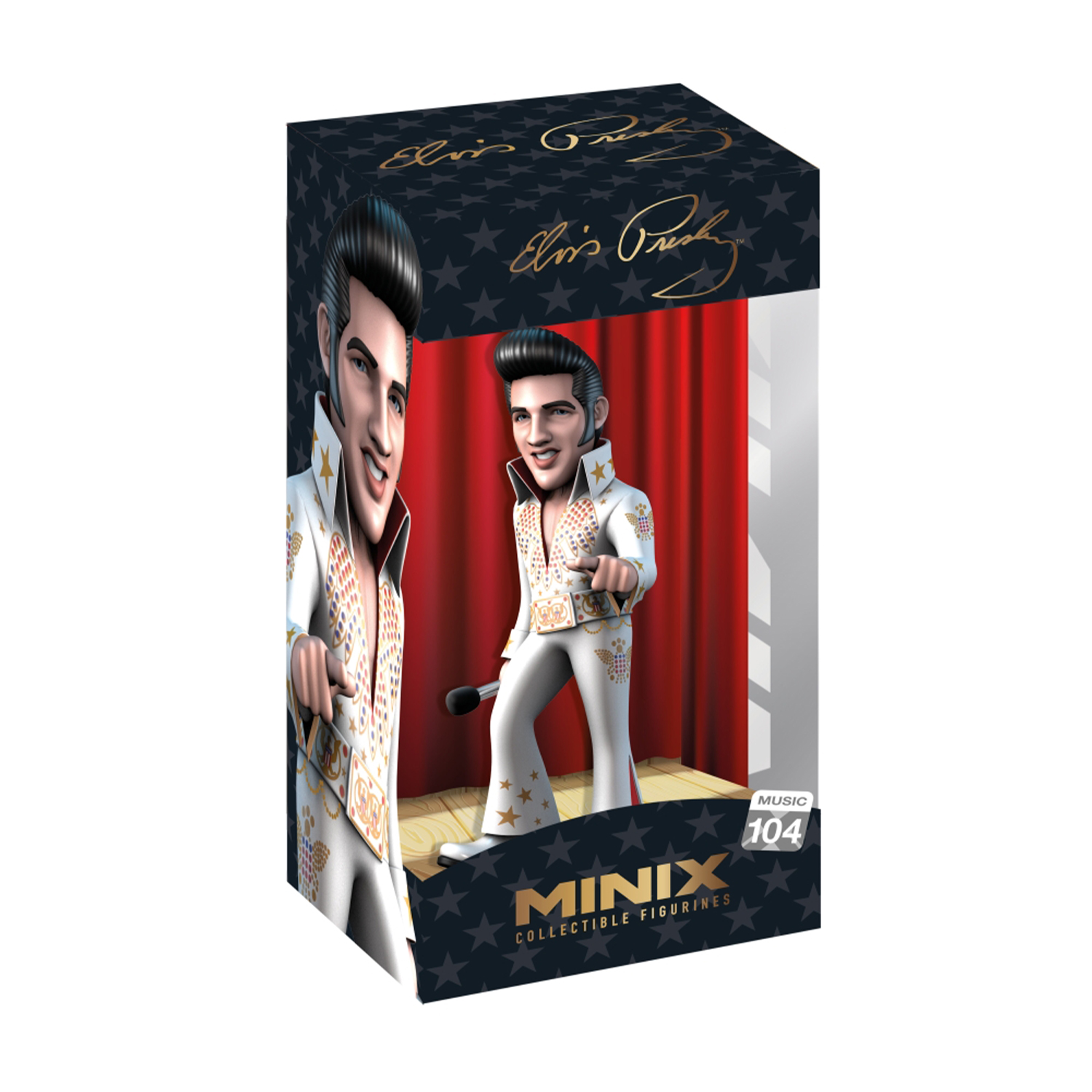 Statuetta di Elvis Presley in scatola, con scena di palco.