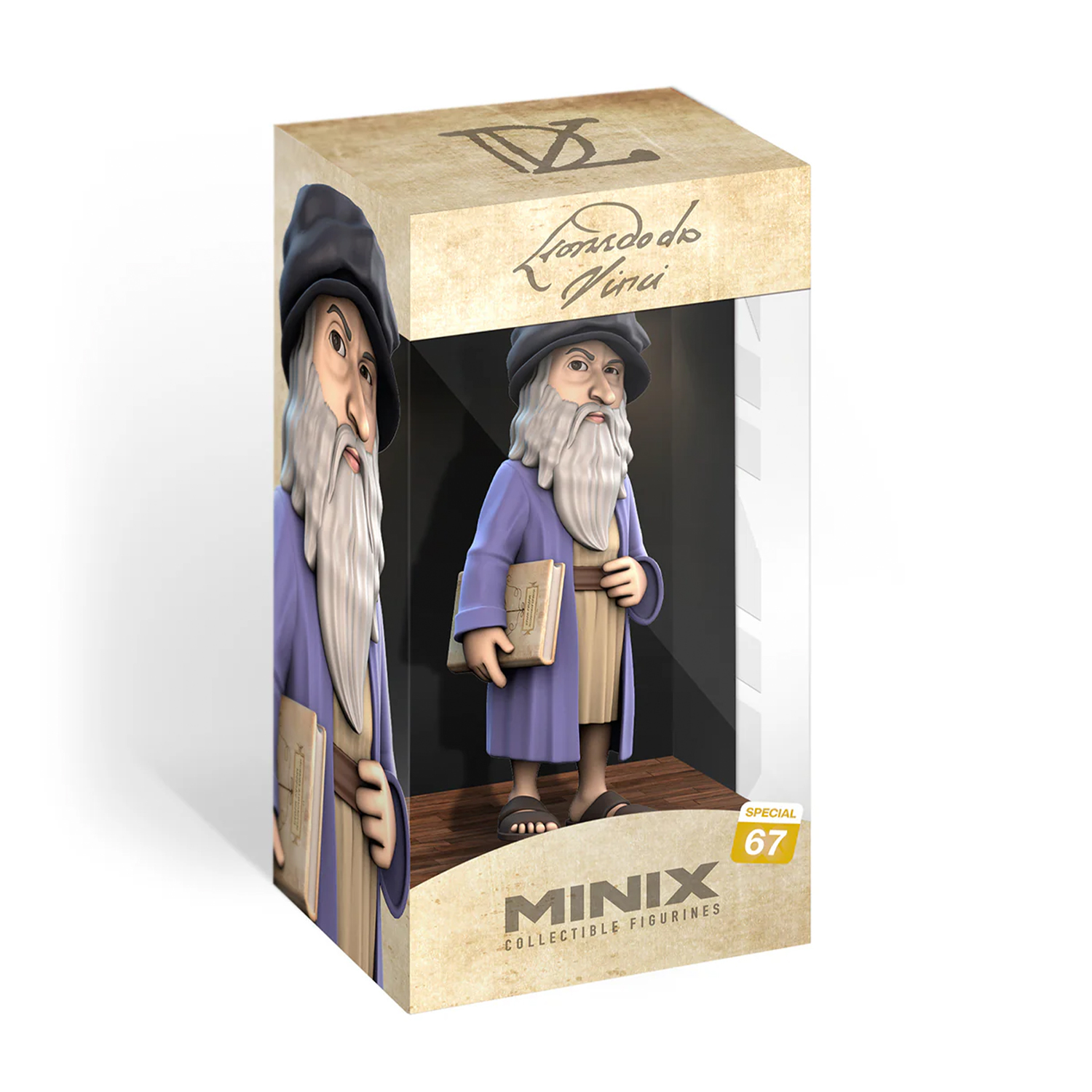 Una statuetta da collezione di Leonardo da Vinci in una scatola con pannello frontale trasparente.