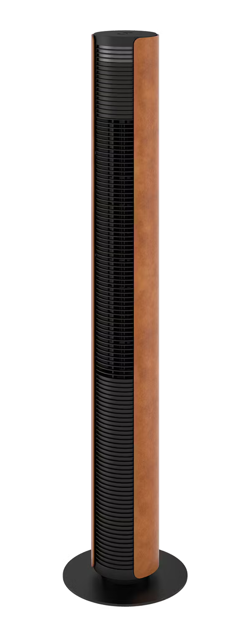 Hoher, schwarz-brauner Turmventilator mit schwarzem Fuß. Der Ventilator vor weißem Hintergrund.