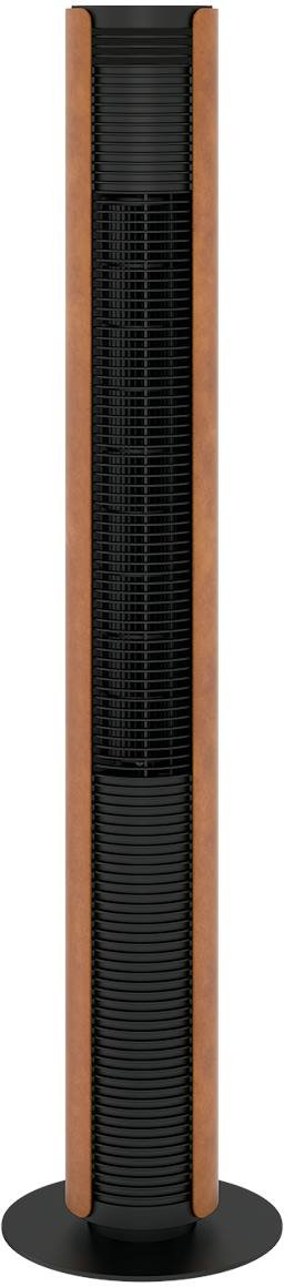 Hoher, schlanker Turmventilator in Braun und Schwarz mit rundem Sockel, isoliert.