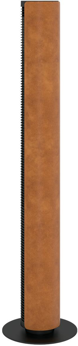 Hoher braun-schwarzer Lautsprecher. Vertikales Design, abgerundeter Sockel. Weißer Hintergrund.