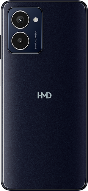 Fekete telefon dupla kamerával és 'HMD' logóval. Sötétkék hátlap. Letisztult design.