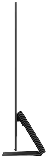 Czarny monitor ze stojakiem, widok z boku. Nowoczesny i elegancki design.