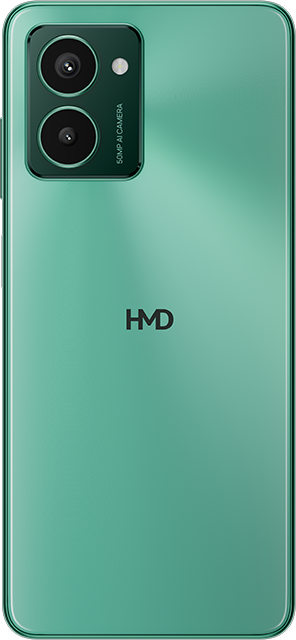 Zöld okostelefon hátlap dupla kamerával és HMD logóval. Fekete kamera és HMD.