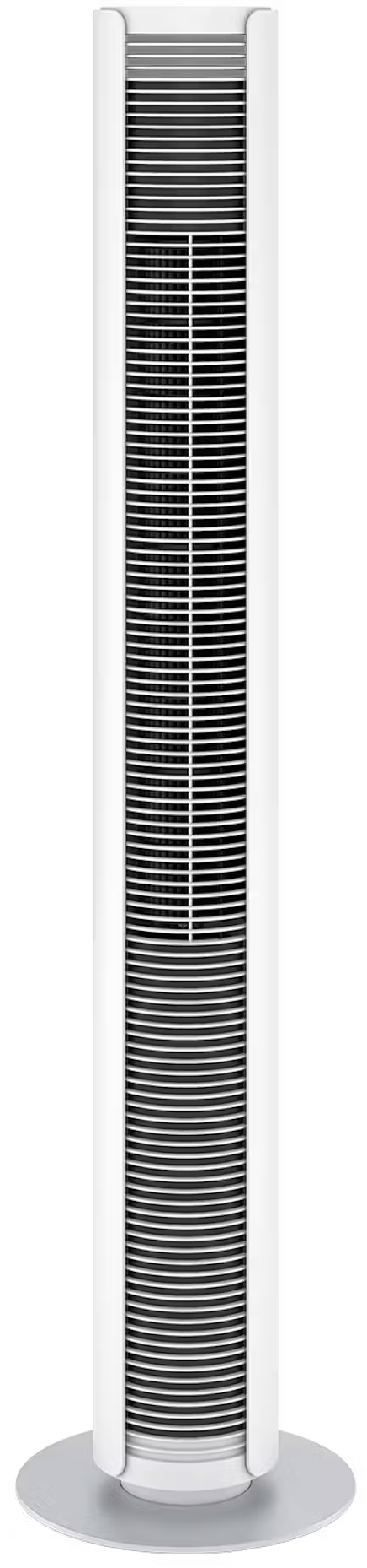 Ventilatore a torre alto e bianco. Base argentata, corpo bianco con lamelle verticali.